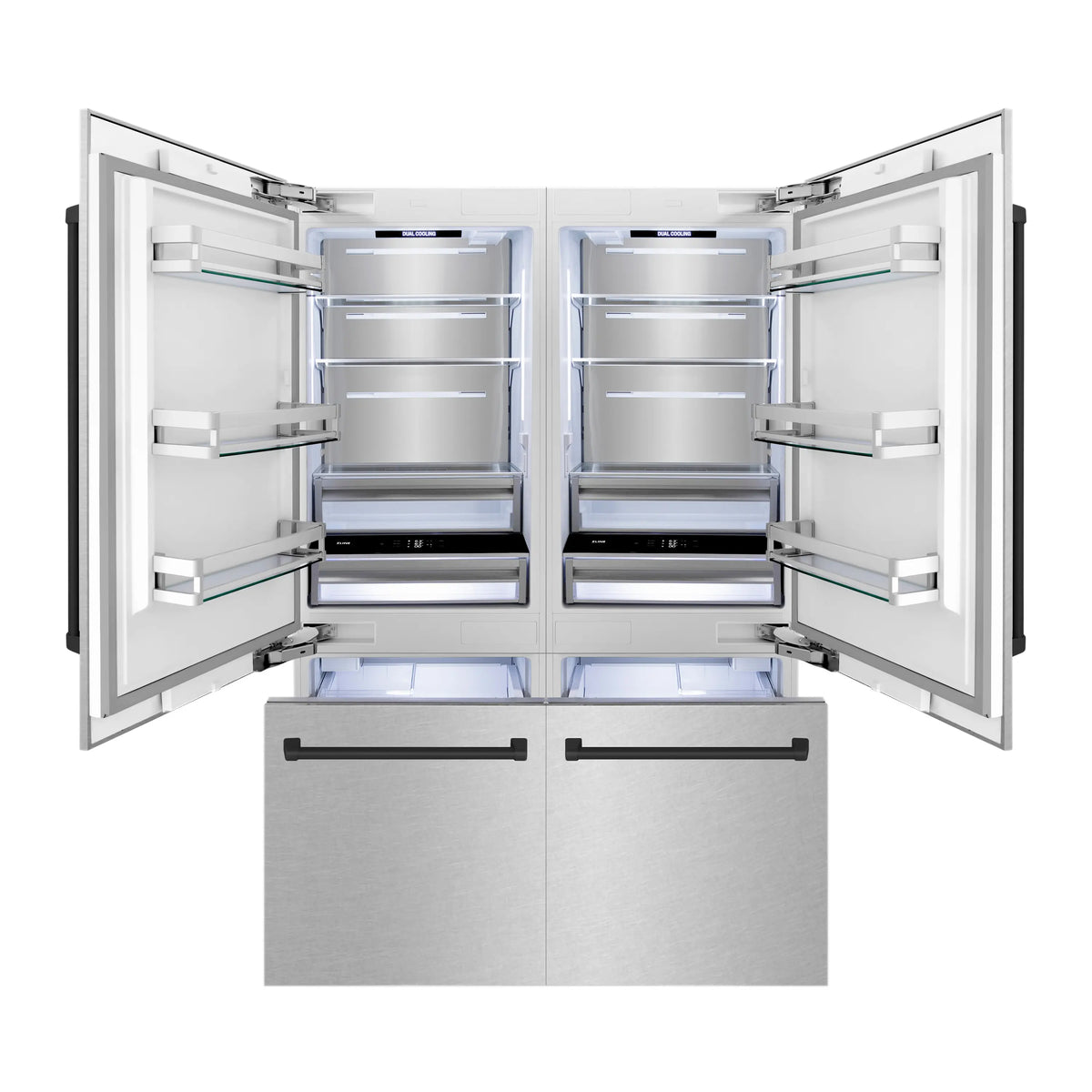 Open French door refrigerator with center divider shelves and two storage drawers