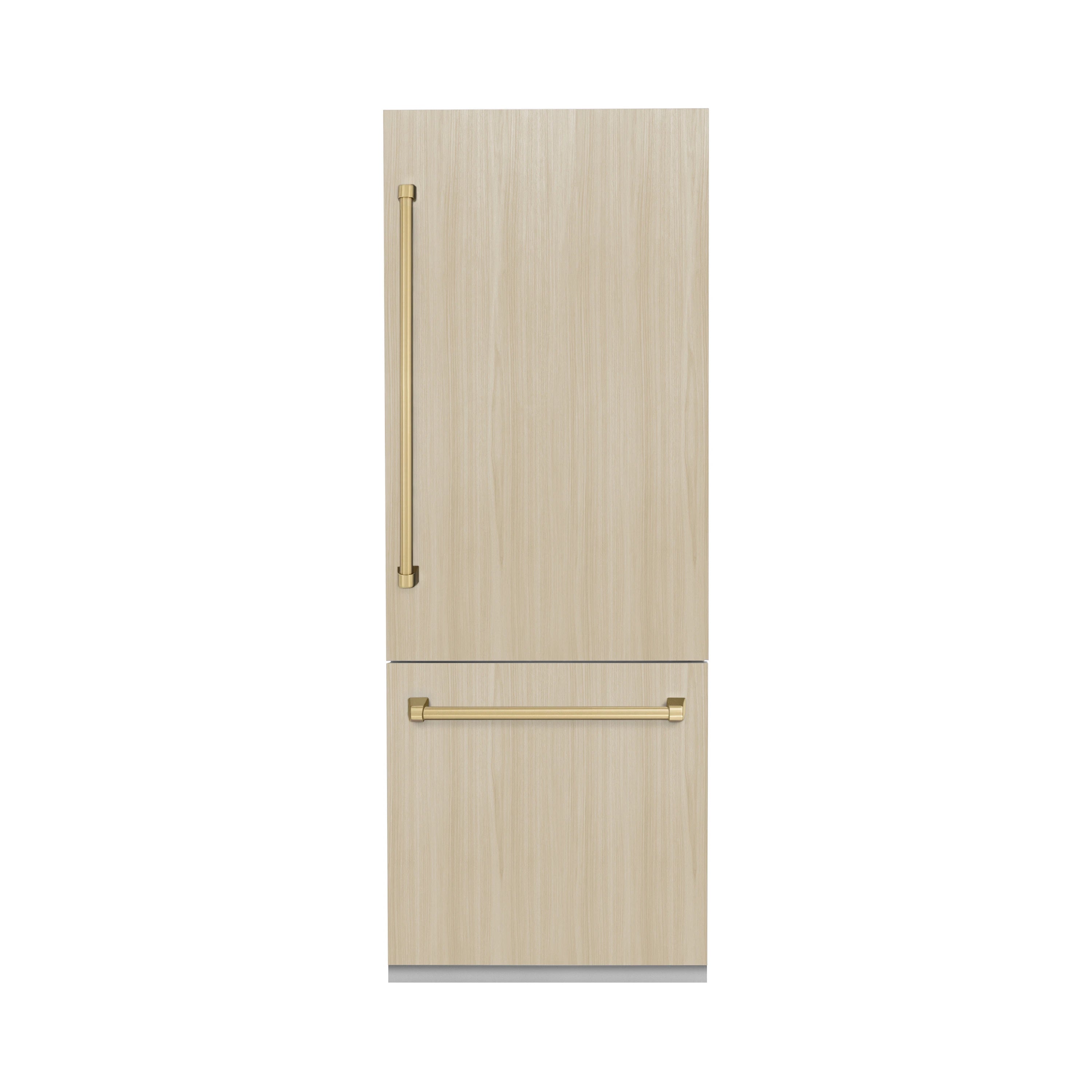 Panel-ready built-in refrigerator with light wood cabinet door and matching handles.