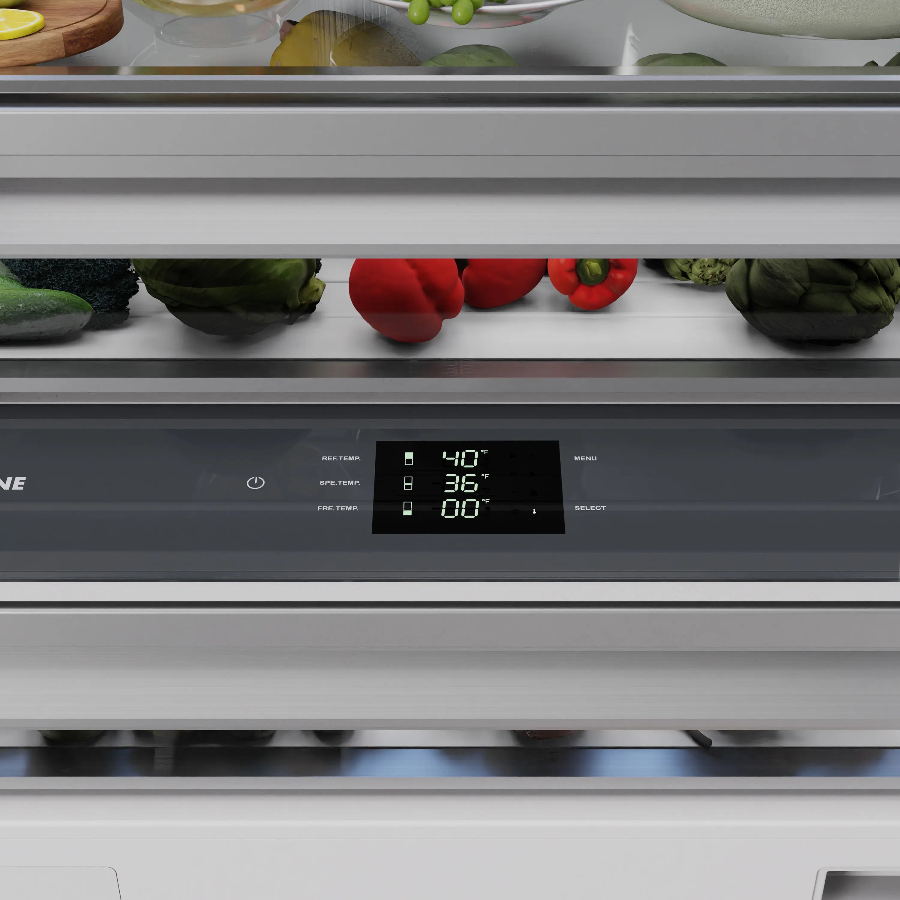 Built-in bottom freezer refrigerator control panel with digital temperature display.
