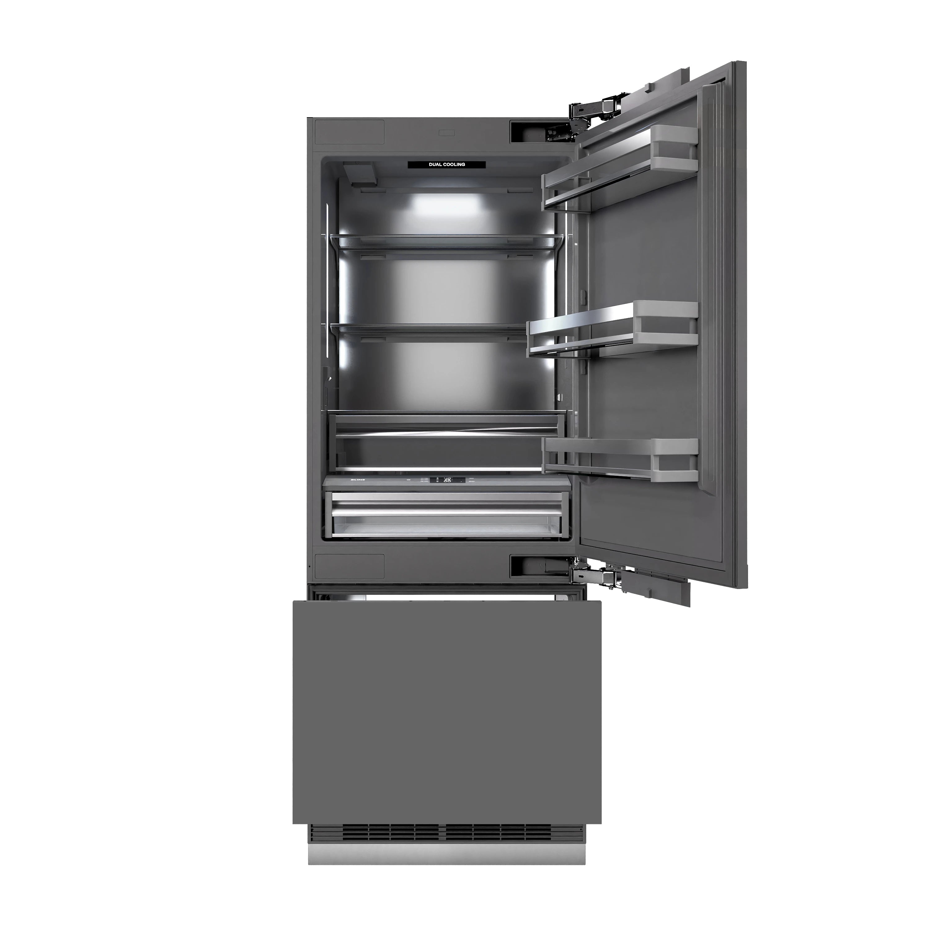 Built-in bottom freezer refrigerator door open with freezer compartment and base vent grilles