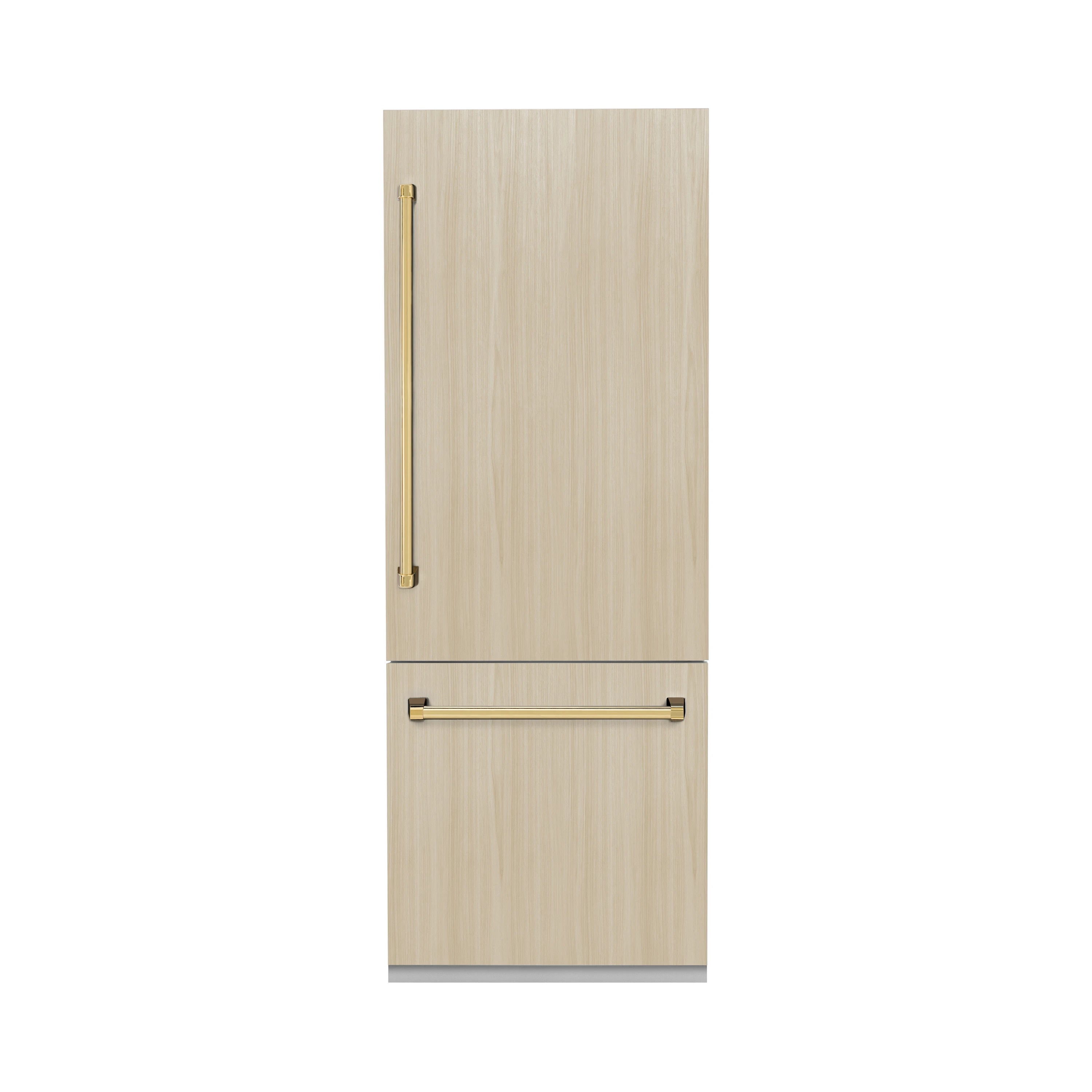 Panel-ready built-in bottom freezer refrigerator with light wood door panel and gold handles