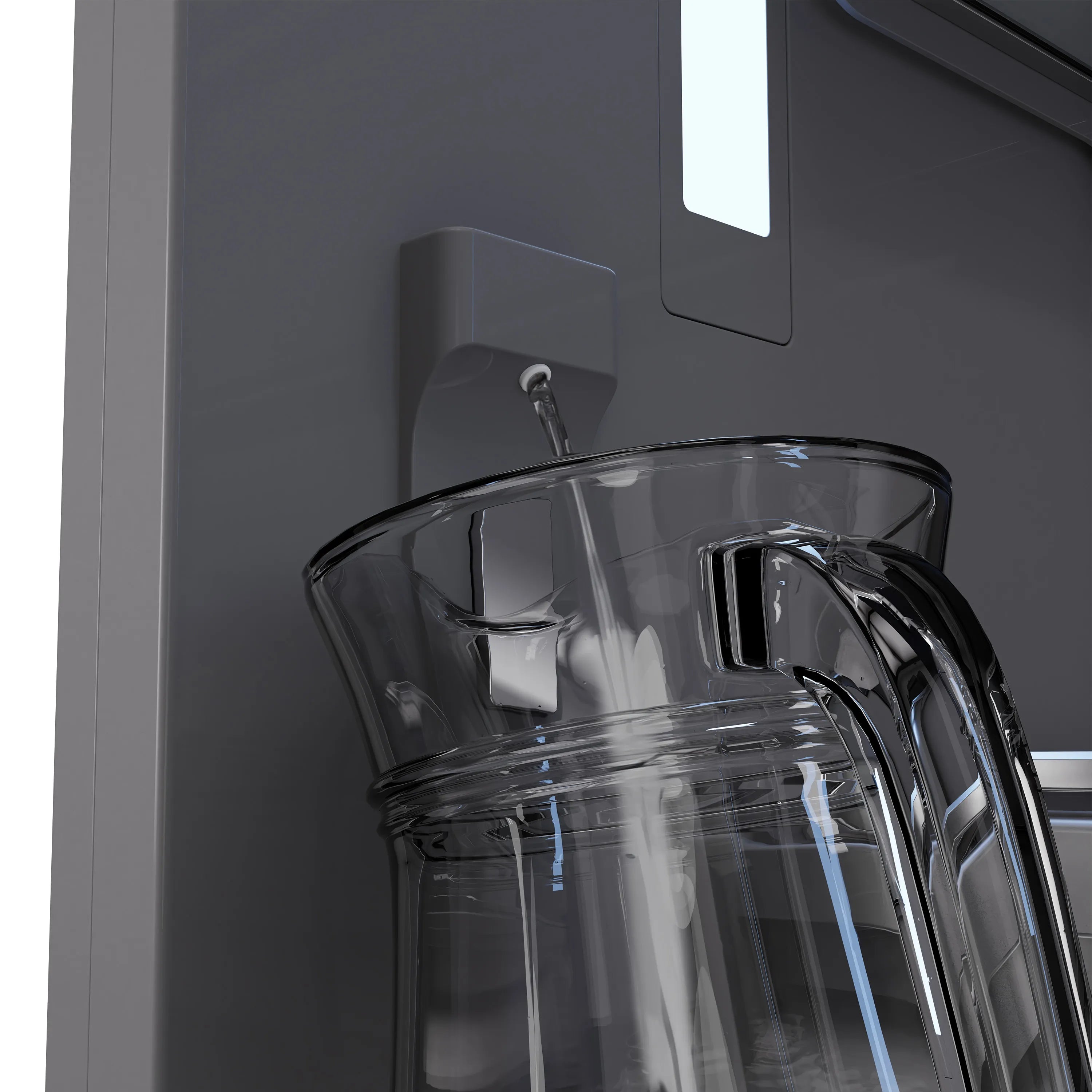 Water dispenser pouring into a clear cup on a graphite gray refrigerator door