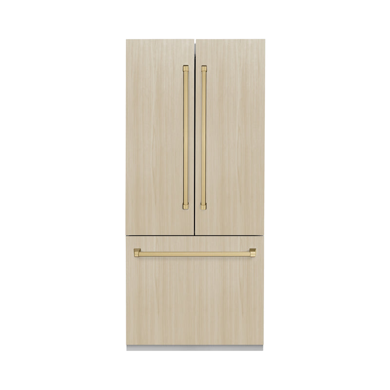 ZLINE Autograph Edition 36-Inch 19.6 cu. ft. French Door Built-In Bottom Freezer Refrigerator with Water Dispenser and Ice Maker with Graphite Gray Interior in Panel Ready and Champagne Bronze Accents (GRBIVZ-36-CB)