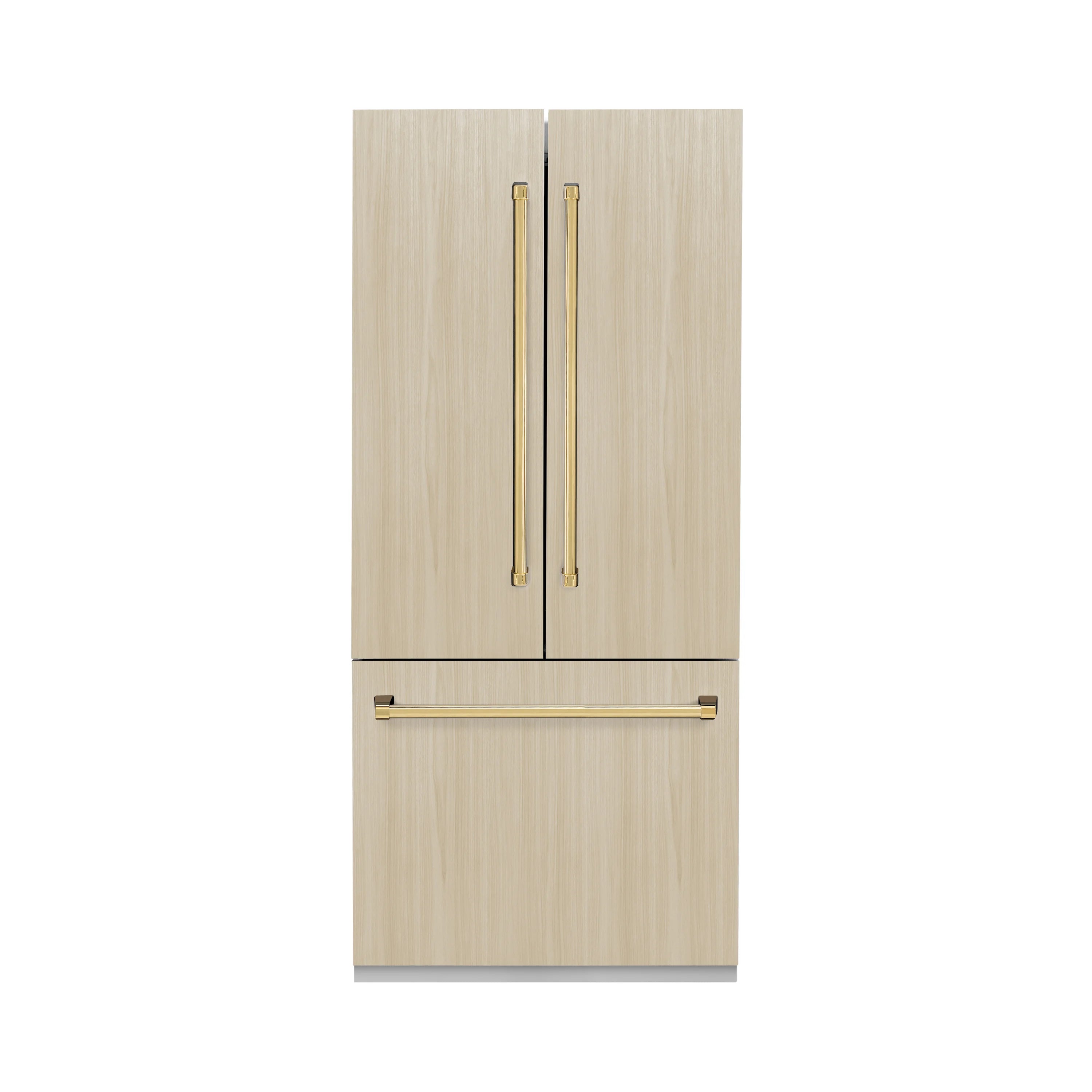 Panel-ready French door refrigerator exterior with graphite-gray interior and gold bar pulls