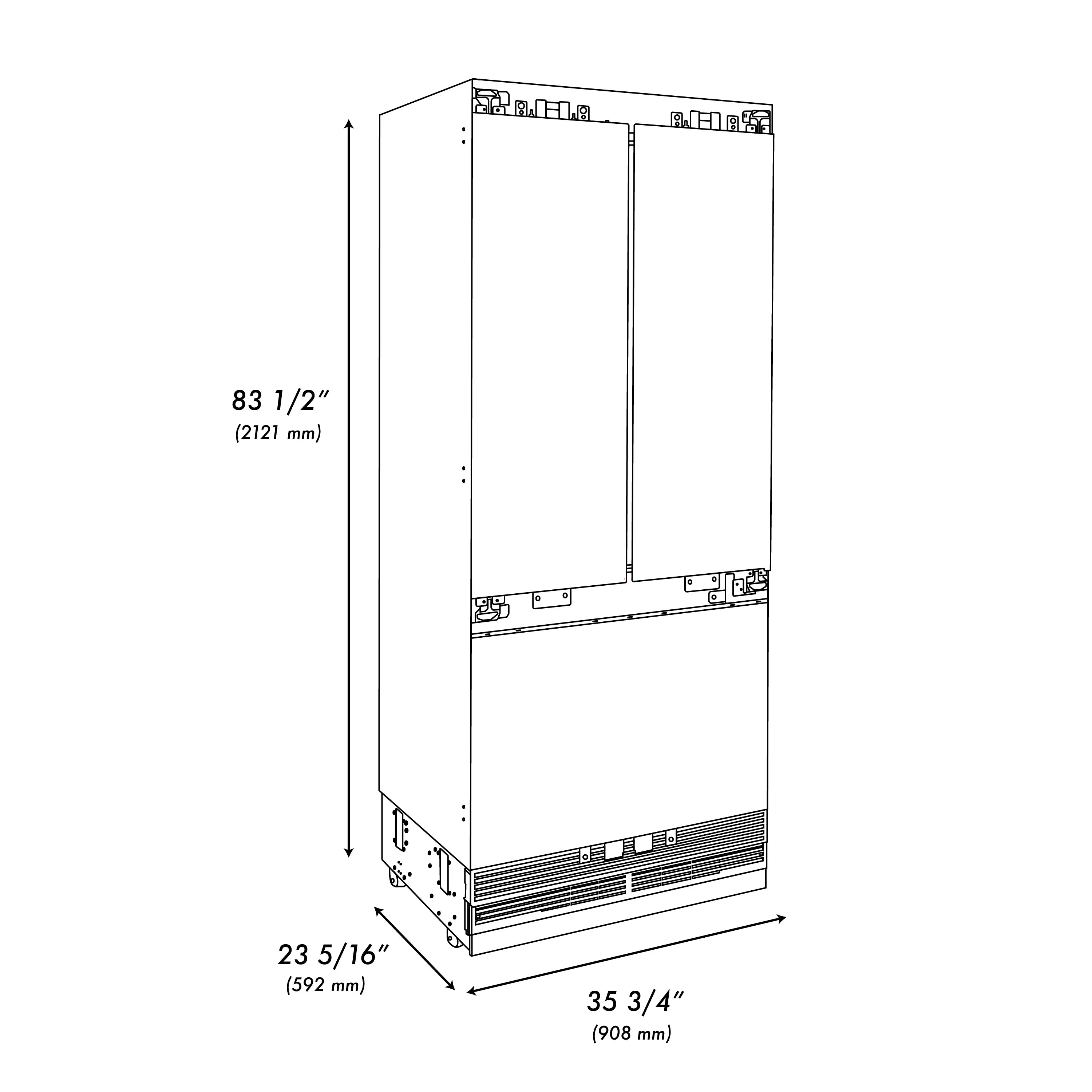 Built-in refrigerator cutout diagram with French door opening dimensions
