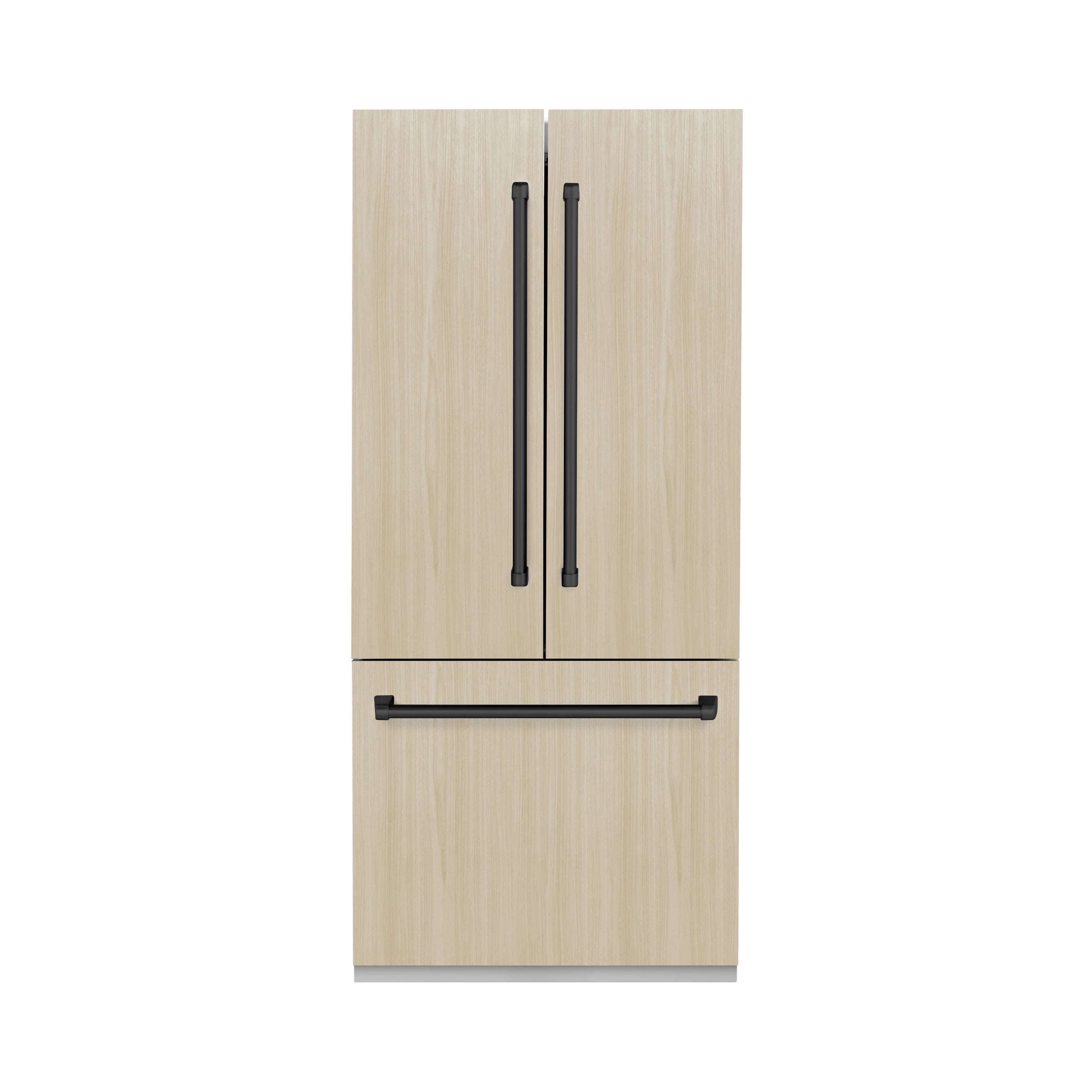 Panel-ready refrigerator front with light wood panels and black bar handles