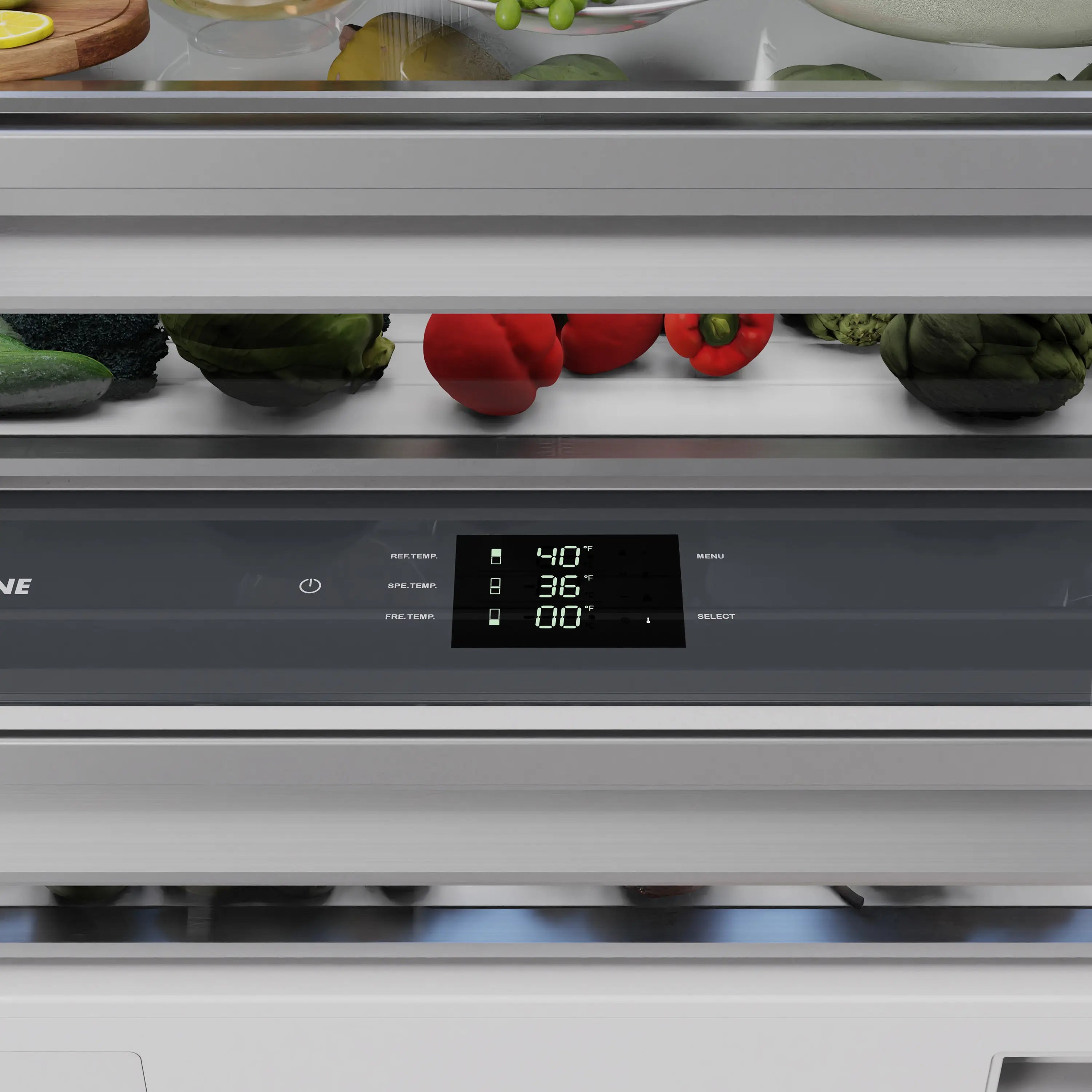 Refrigerator temperature display panel with digital readings and control icons