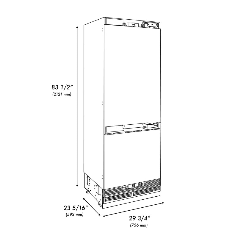 ZLINE Autograph Edition 30-Inch 16.1 cu. ft. Panel Ready Built-in 2-Door Bottom Freezer Refrigerator with Internal Water and Ice Dispenser with Champagne Bronze Handles (RBIVZ-30-CB)