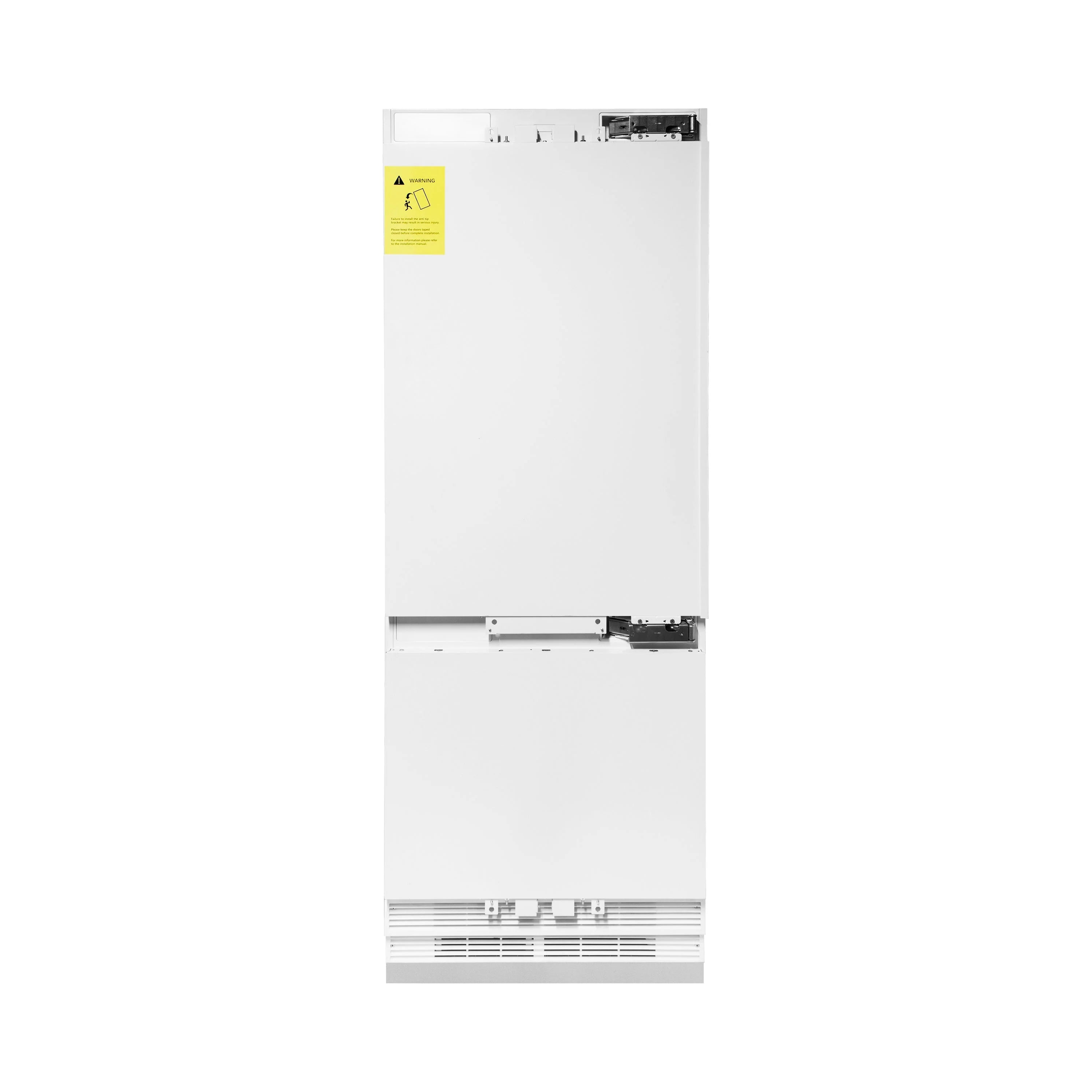 Bottom freezer refrigerator installation diagram showing front panel and cutout area