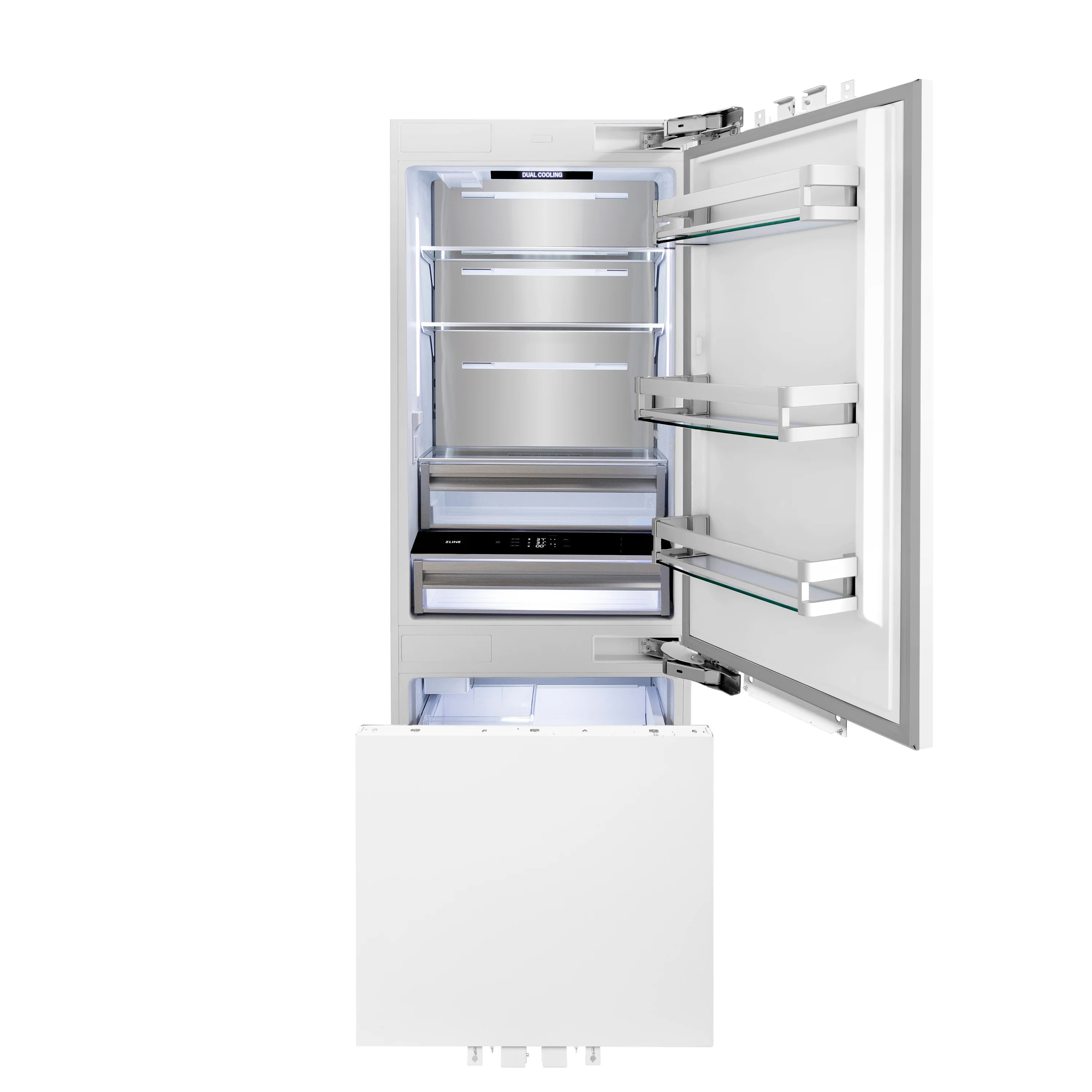 Panel-ready bottom freezer refrigerator with open door, showing interior shelves and drawers
