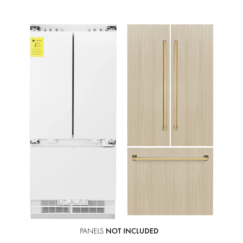 ZLINE Autograph Edition 36-Inch 19.6 cu. ft. Panel Ready Built-in 3-Door French Door Refrigerator with Internal Water and Ice Dispenser with Polished Gold Handles (RBIVZ-36-G)