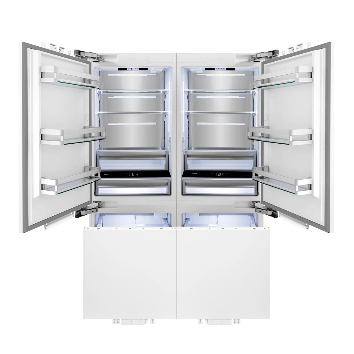 Built-in French door refrigerator with open drawers and refrigerator shelves visible