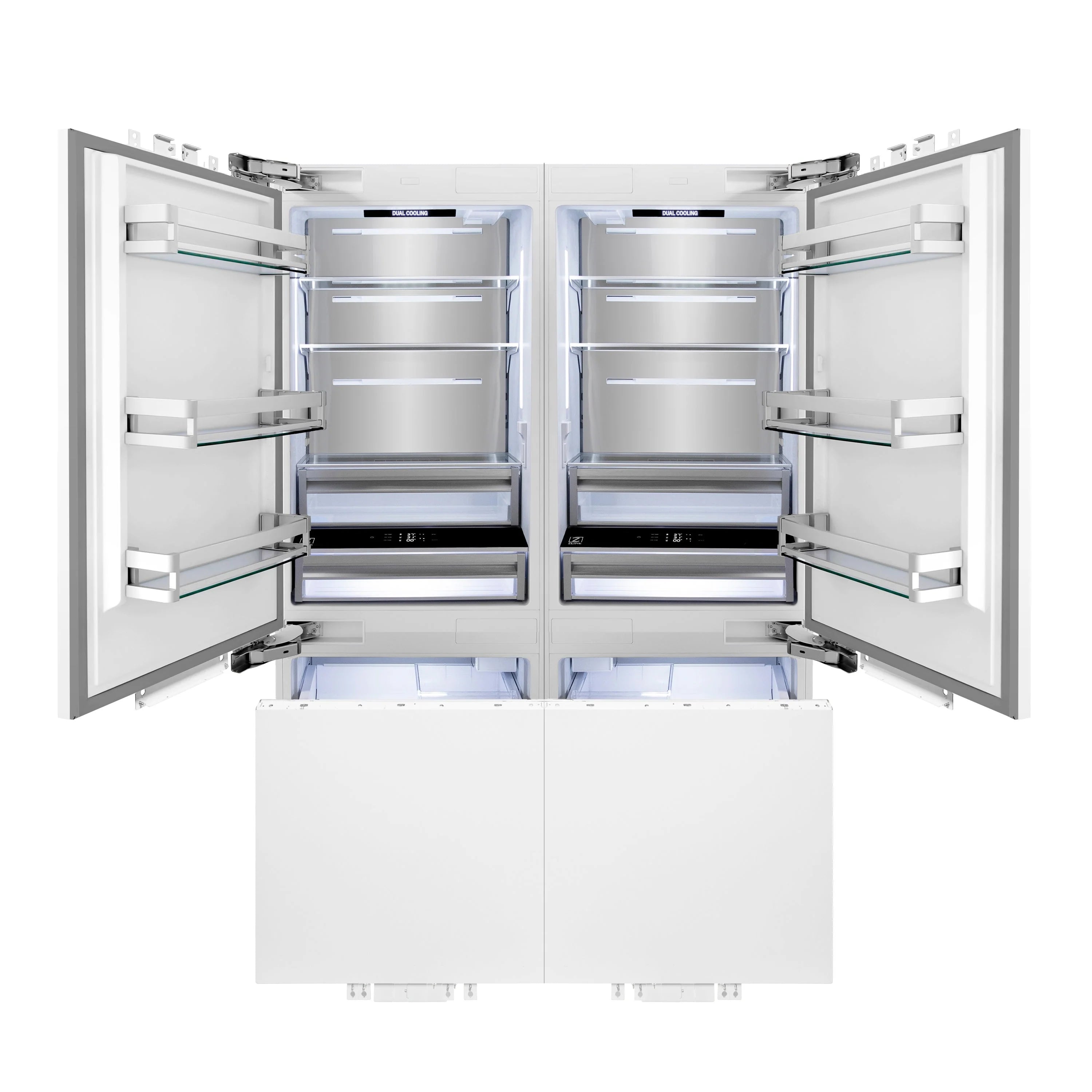 Four-door French door refrigerator with lower compartments open and interior shelves visible