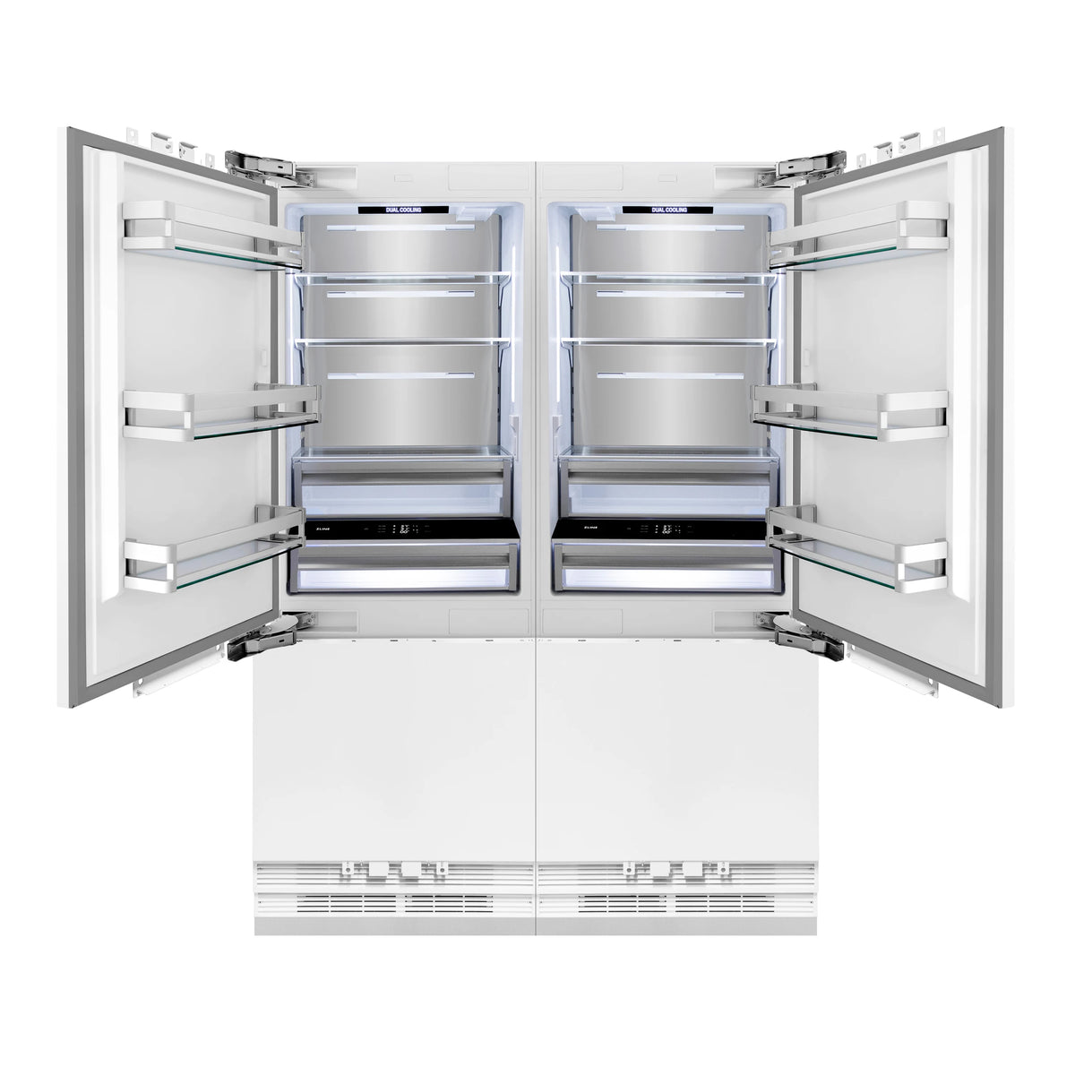 Built-in French door refrigerator with both doors open and interior compartments visible