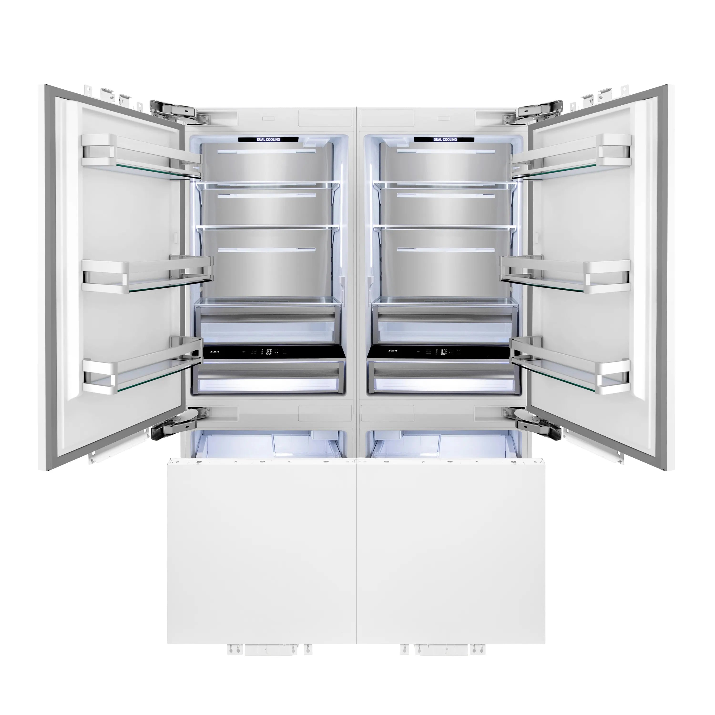 Four-door French door refrigerator with doors open, shelves and drawers visible