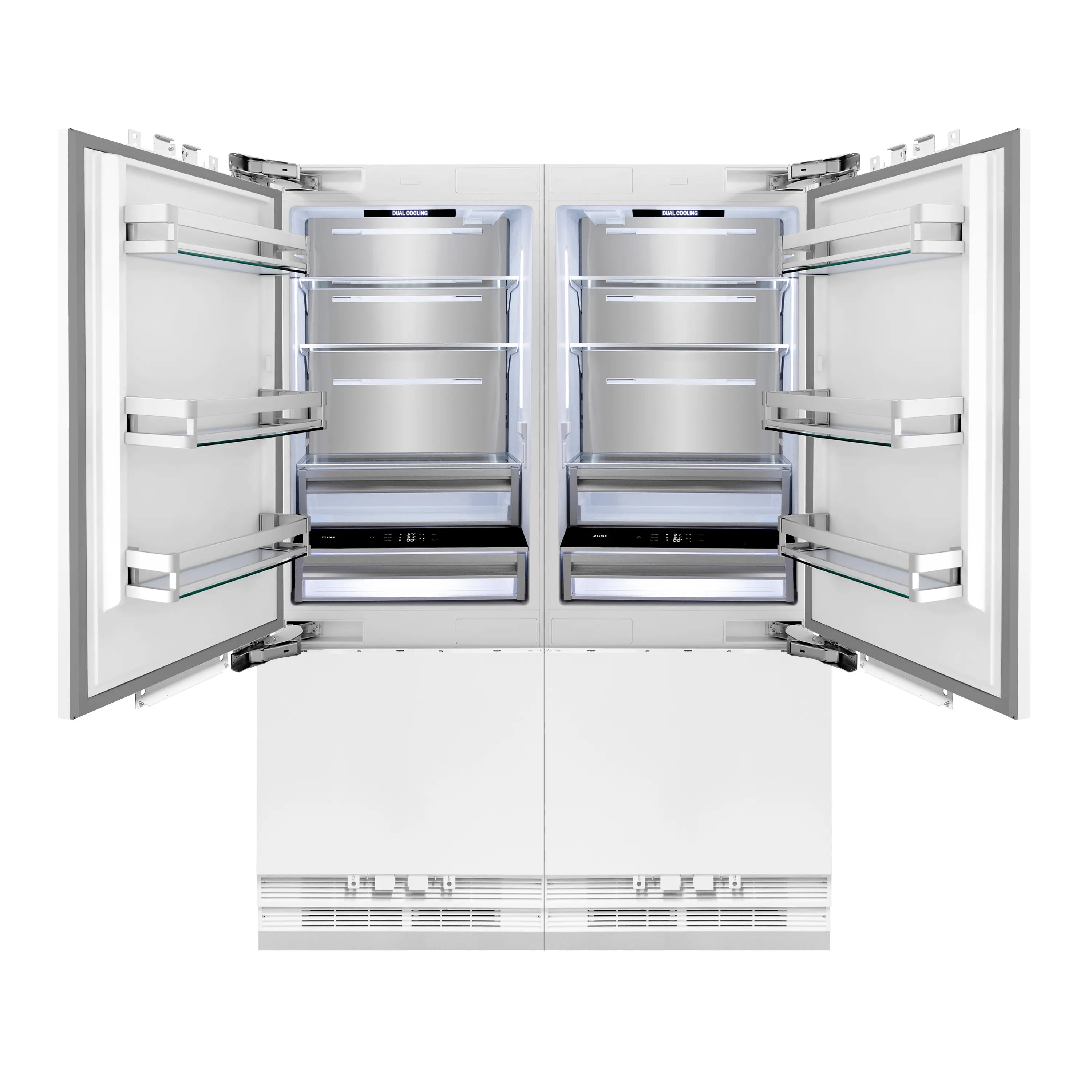 Four-door French door refrigerator with doors open and drawer fronts shown