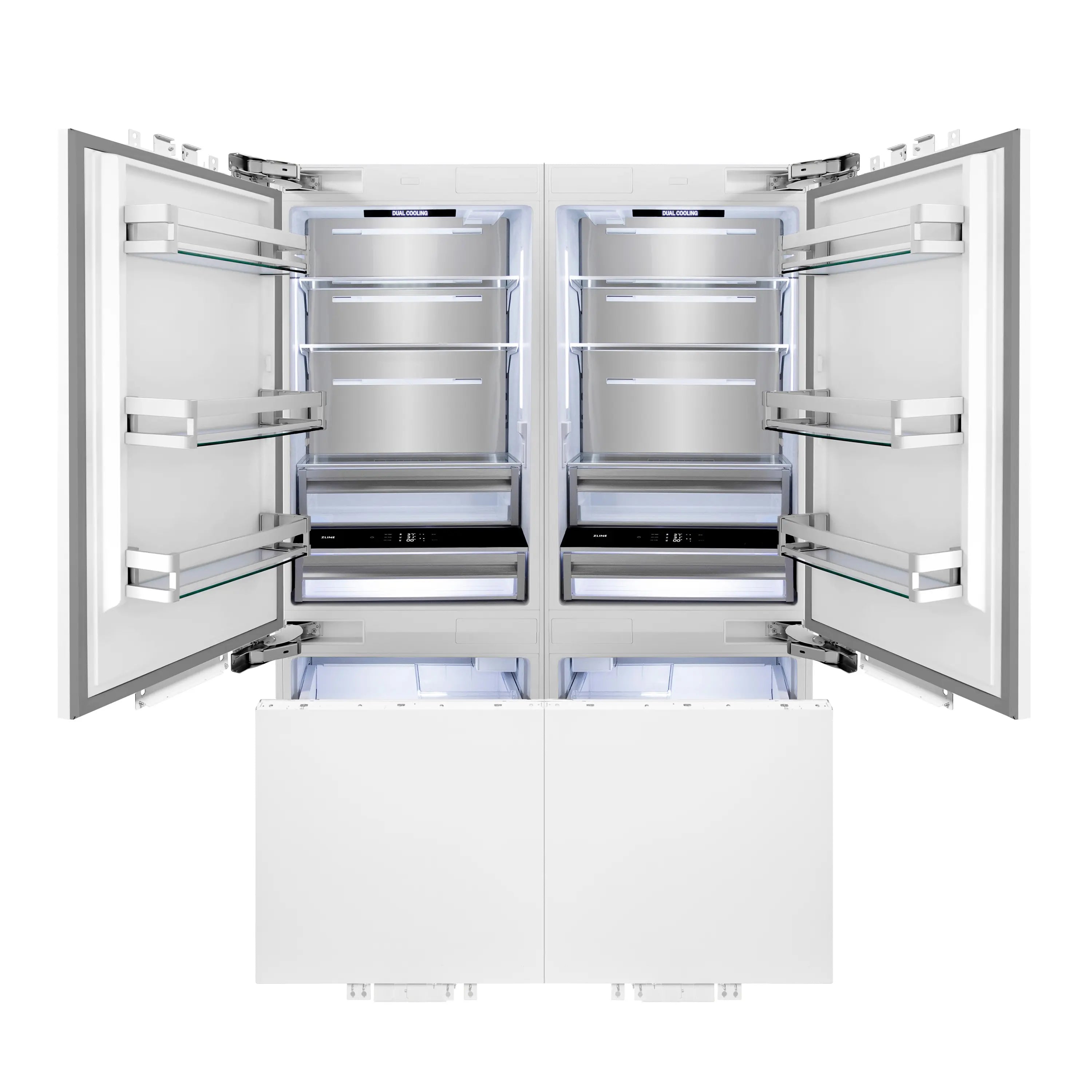 Opened French door refrigerator with lower freezer drawers visible