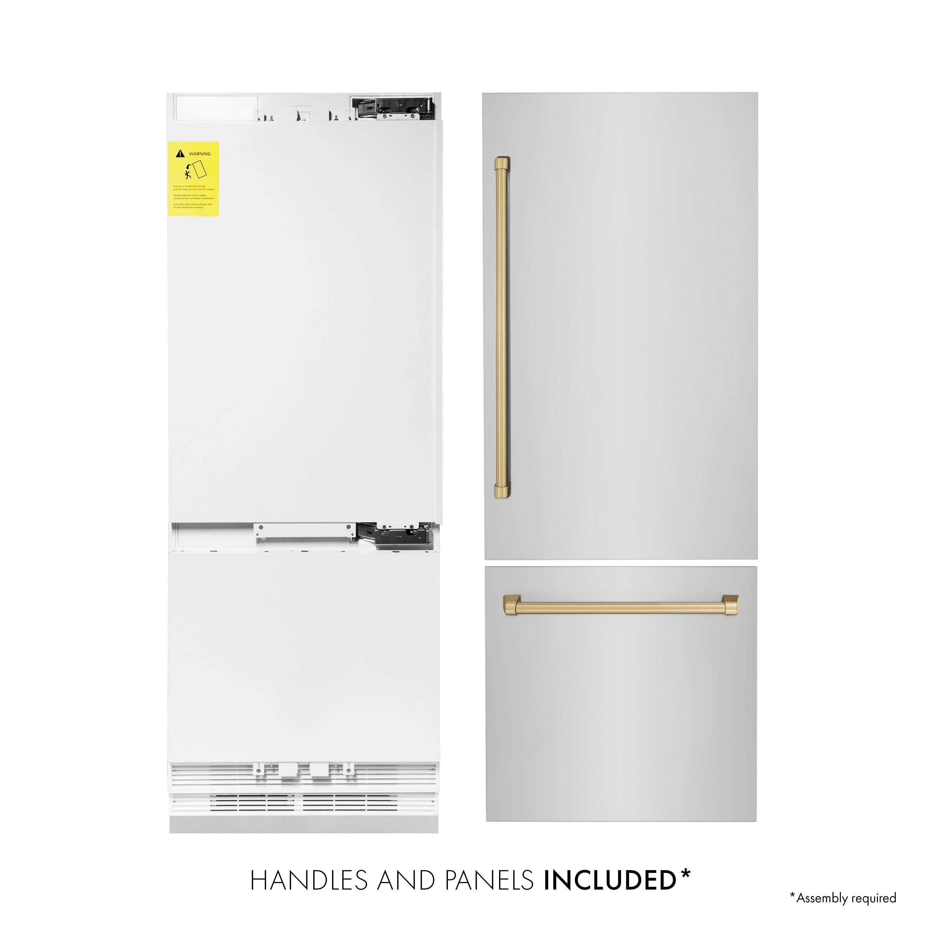Refrigerator interior components and front door view with included handle and panel parts