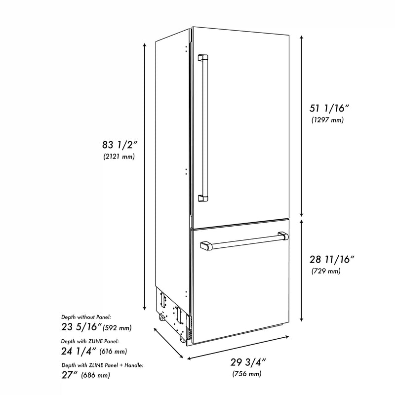 ZLINE 30-Inch Autograph Edition 16.1 cu. ft. Built-in 2-Door Bottom Freezer Refrigerator with Internal Water and Ice Dispenser in Stainless Steel with Gold Accents (RBIVZ-304-30-G)