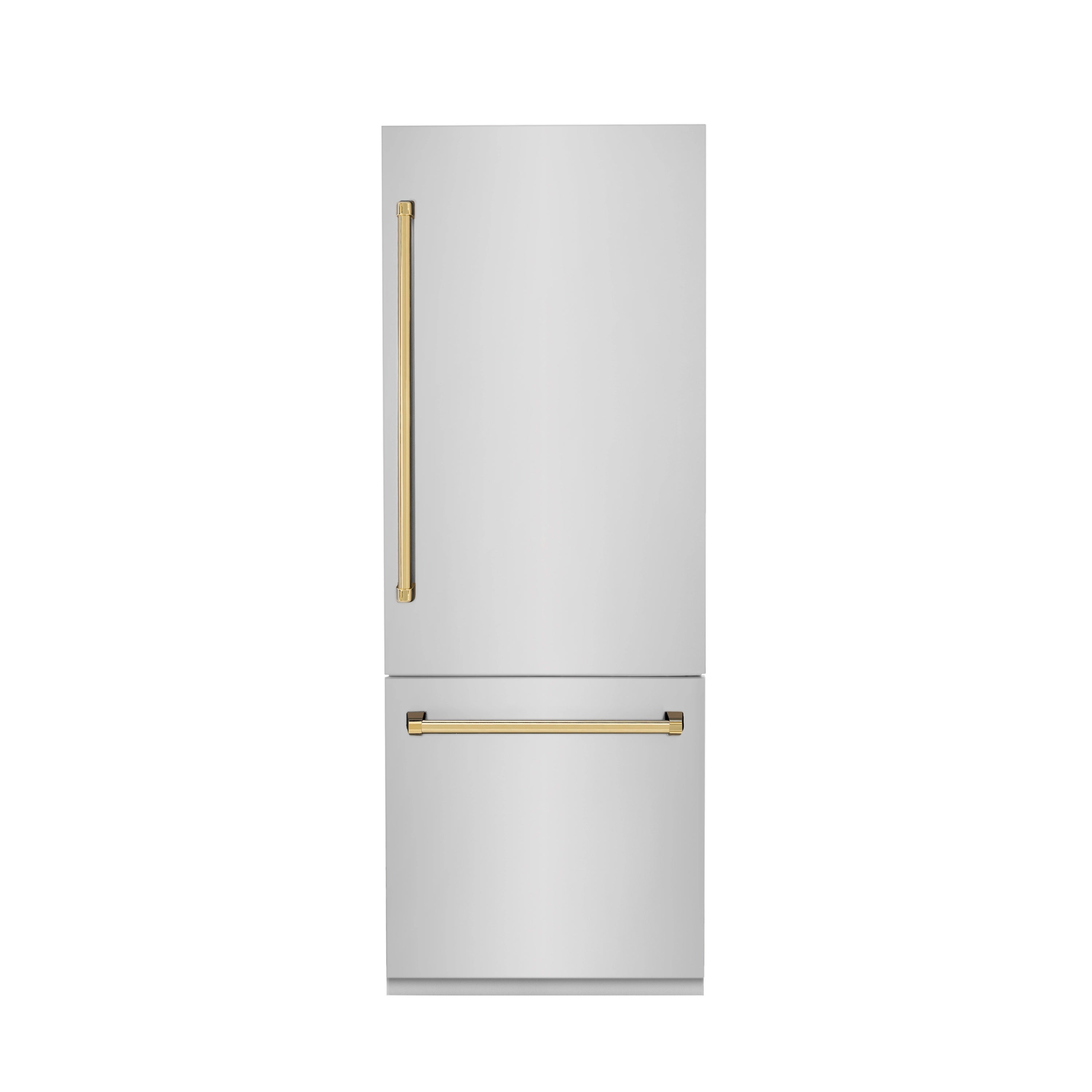 Stainless steel bottom freezer refrigerator with gold bar handles