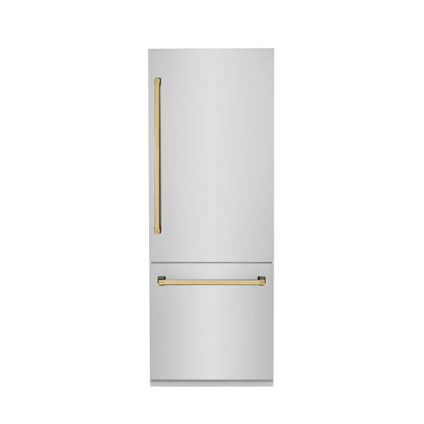 ZLINE 30-Inch Autograph Edition 16.1 cu. ft. Built-in 2-Door Bottom Freezer Refrigerator with Internal Water and Ice Dispenser in Stainless Steel with Gold Accents (RBIVZ-304-30-G)