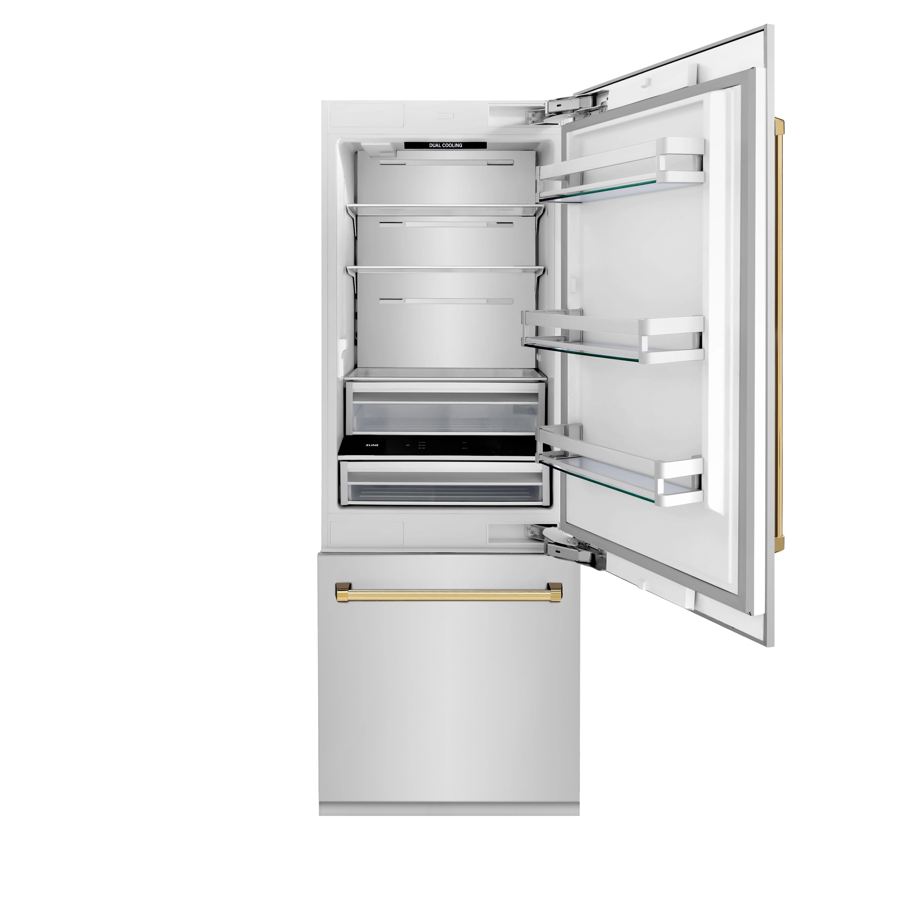 Stainless steel bottom-freezer refrigerator with door open, shelves and bins