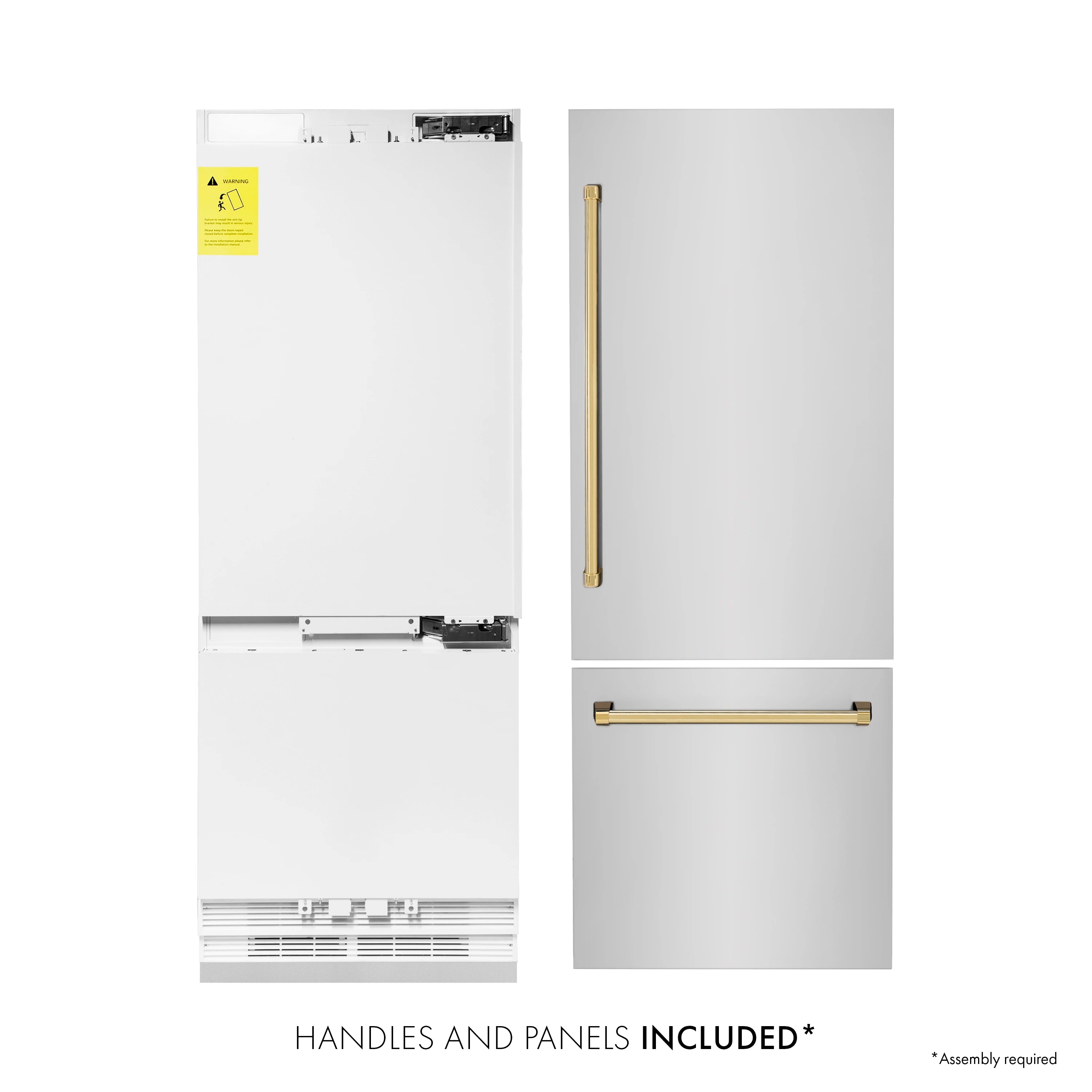 Refrigerator with included handles and panel pieces; gold accents