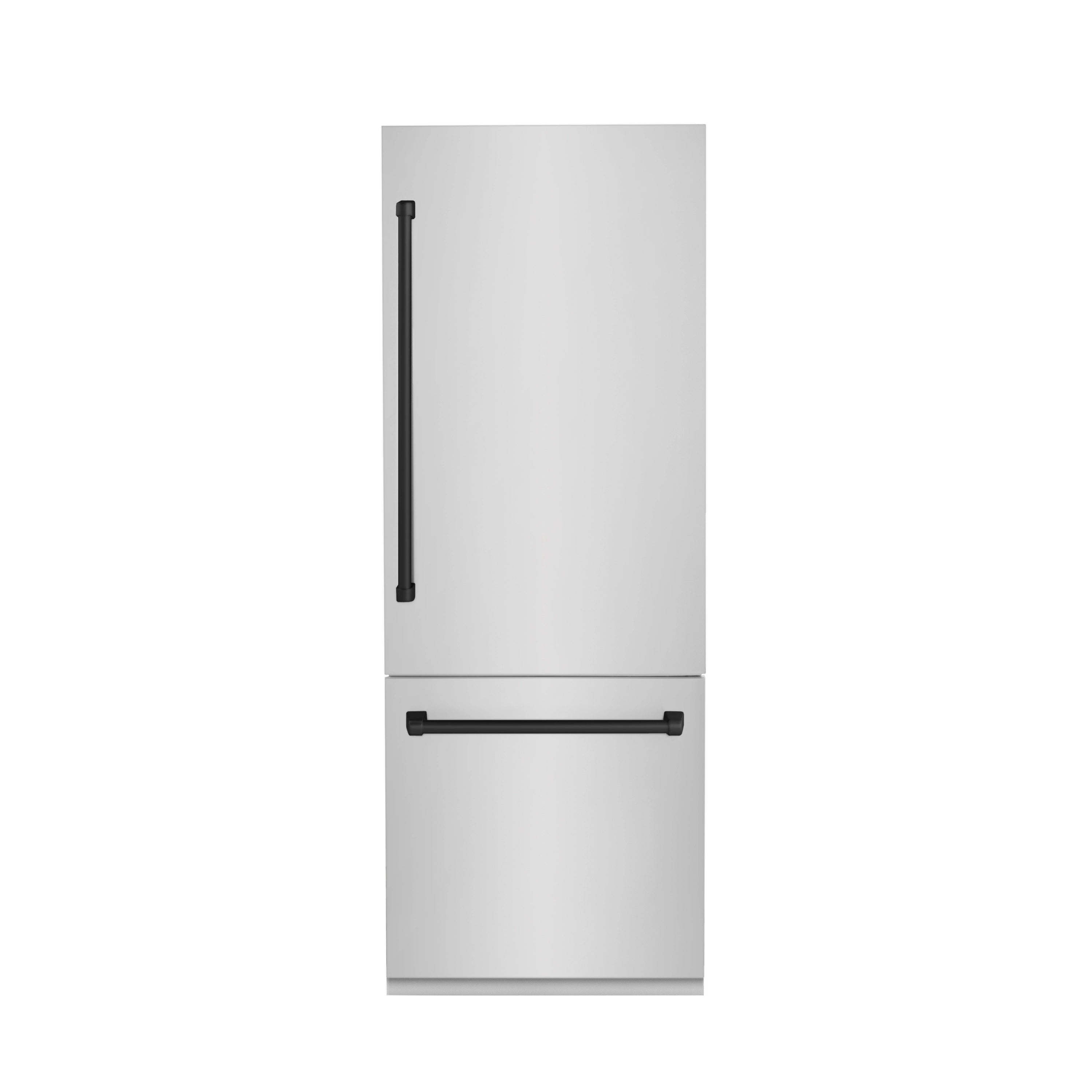 Stainless steel bottom freezer refrigerator with matte black handle accents