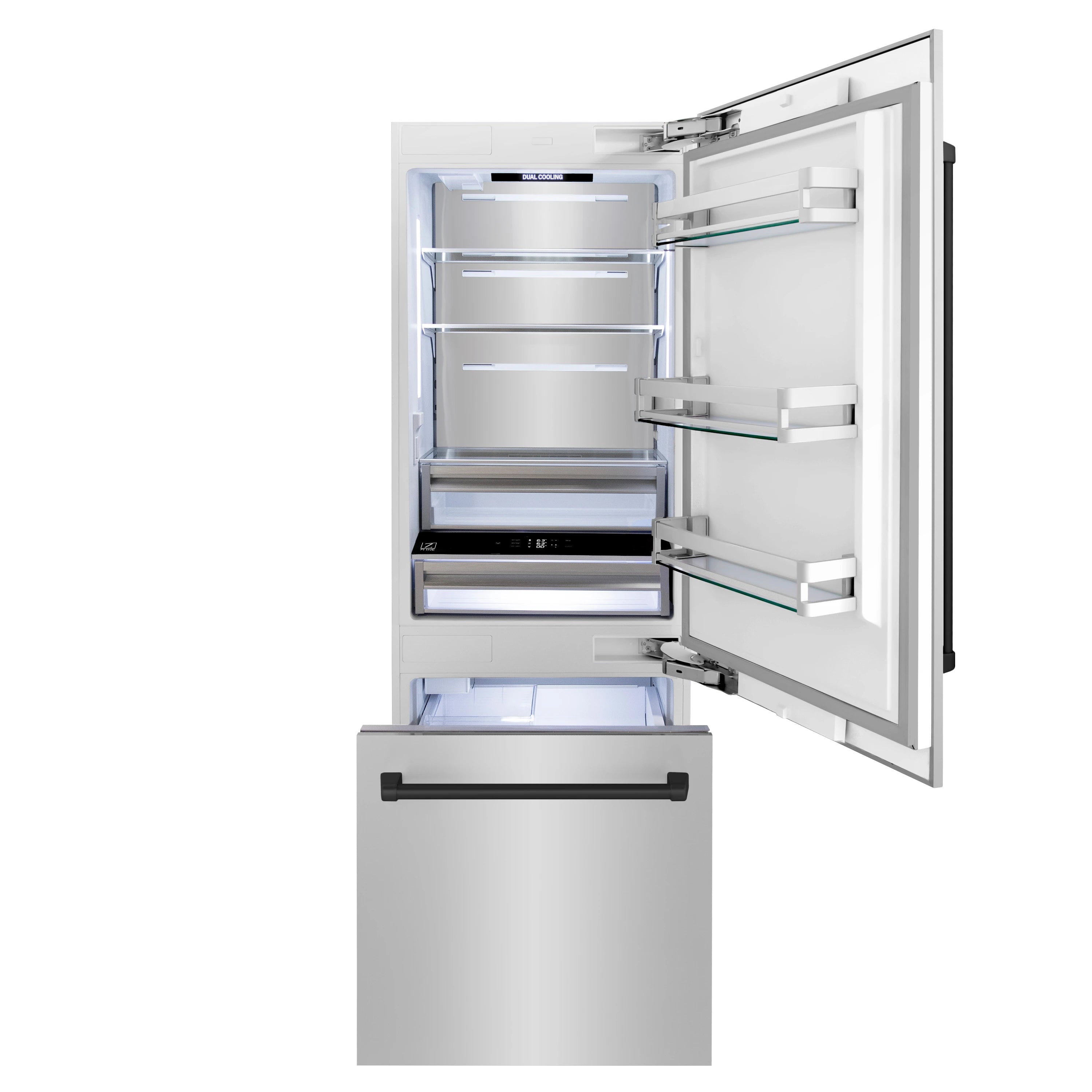 Bottom-freezer refrigerator with stainless steel doors open, interior compartments with light