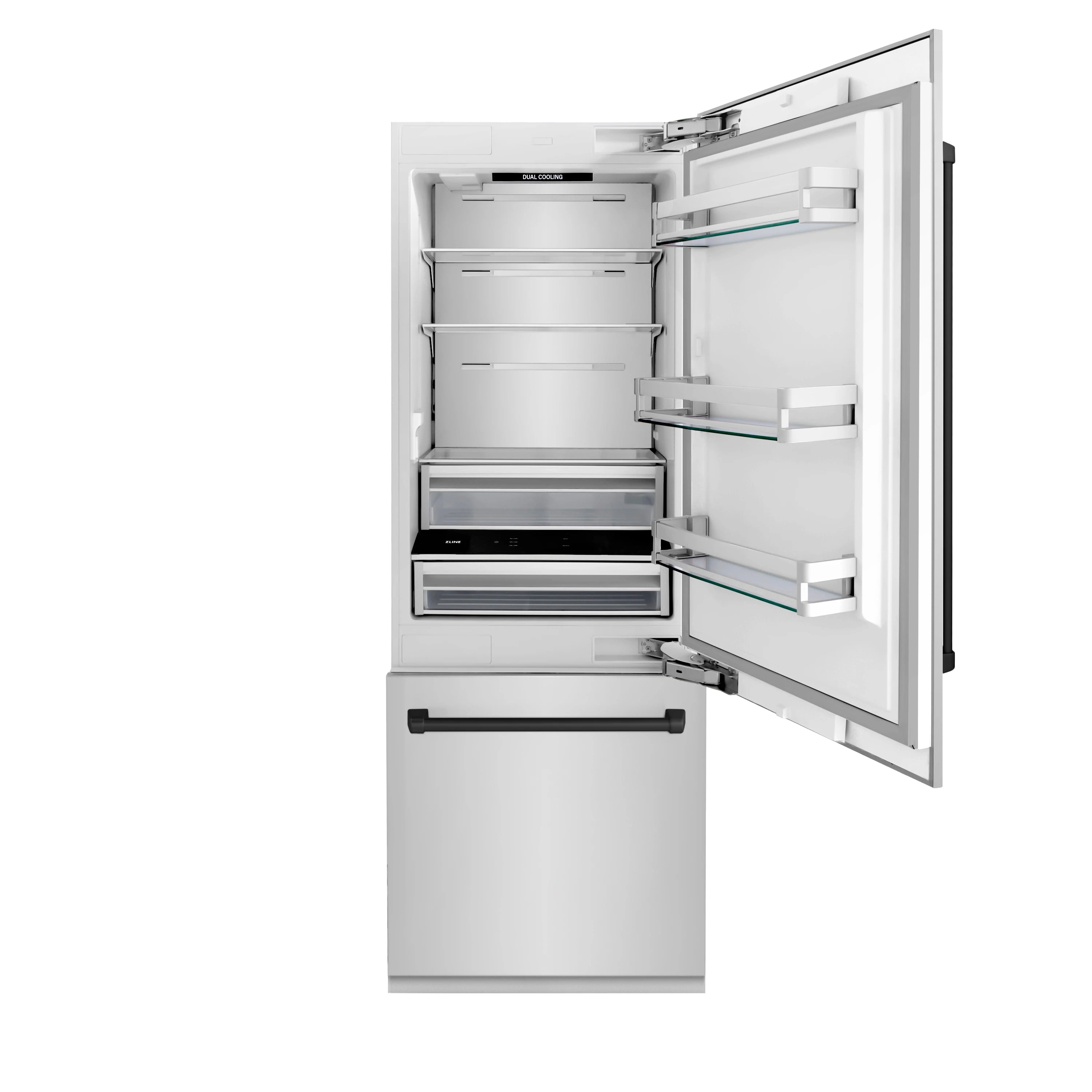 Bottom-freezer refrigerator with stainless steel doors open, interior shelves and drawers