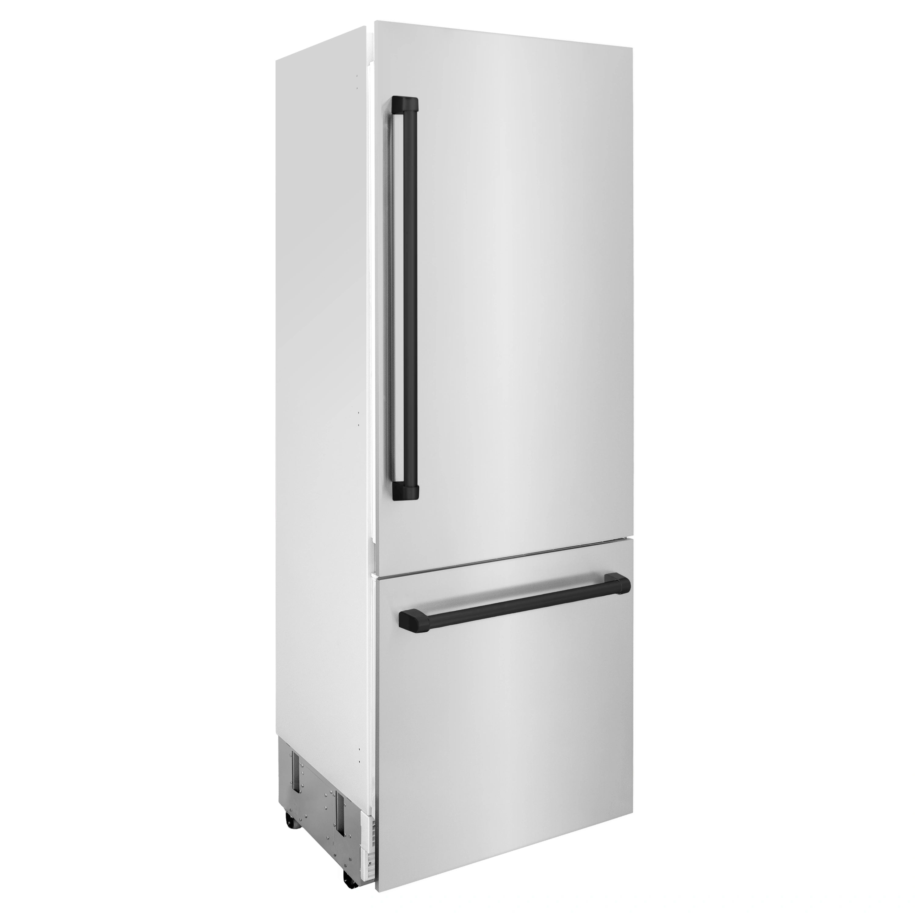 Refrigerator unit with matte black bar handle, exterior panels removed