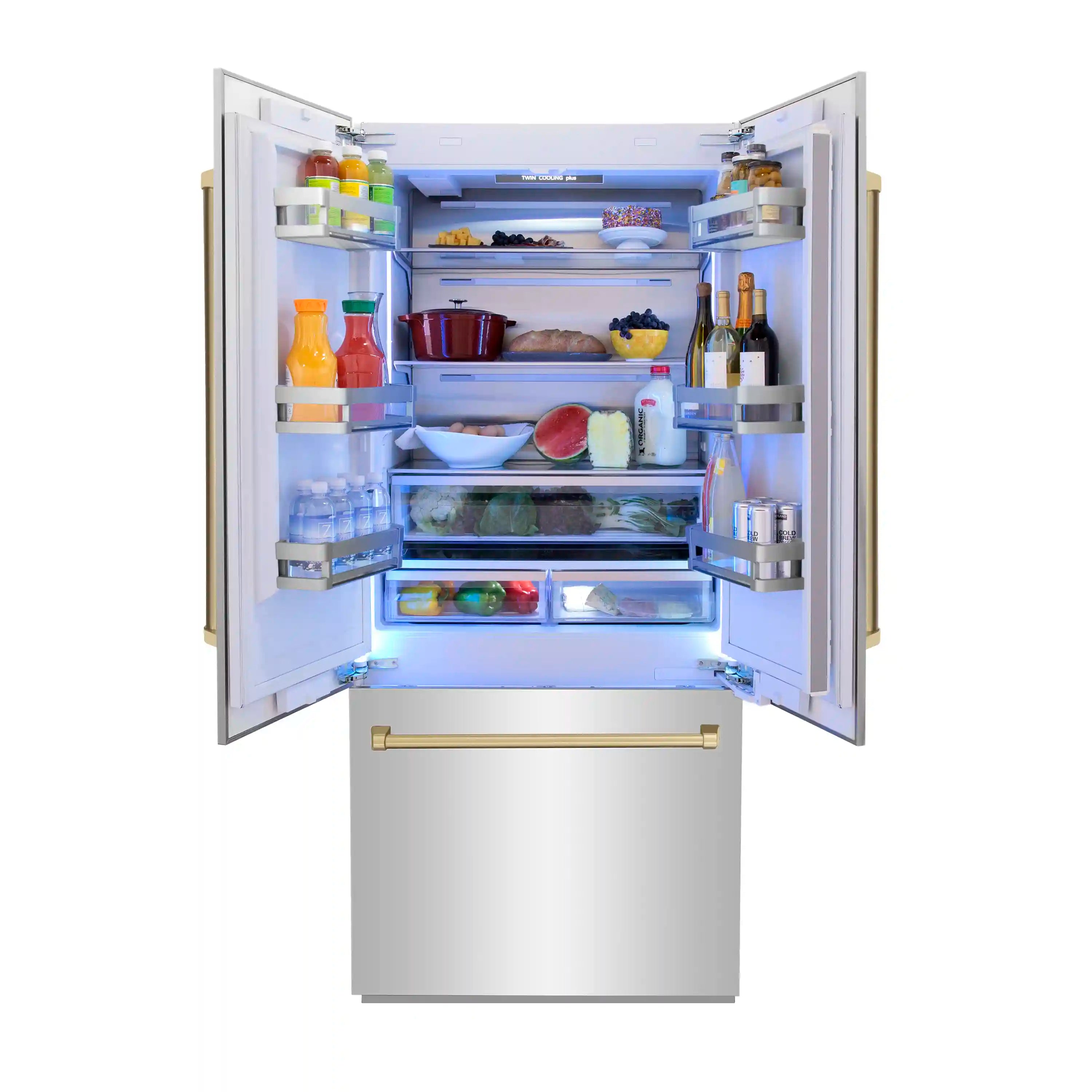 ZLINE refrigerator interior with stocked bins, shelves, and bright interior light