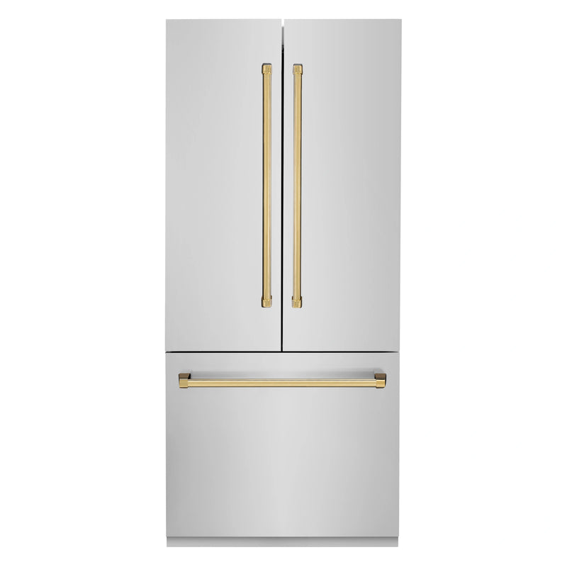 ZLINE 36-Inch Autograph Edition 19.6 cu. ft. Built-in 2-Door Bottom Freezer Refrigerator with Internal Water and Ice Dispenser in Stainless Steel with Gold Accents (RBIVZ-304-36-G)