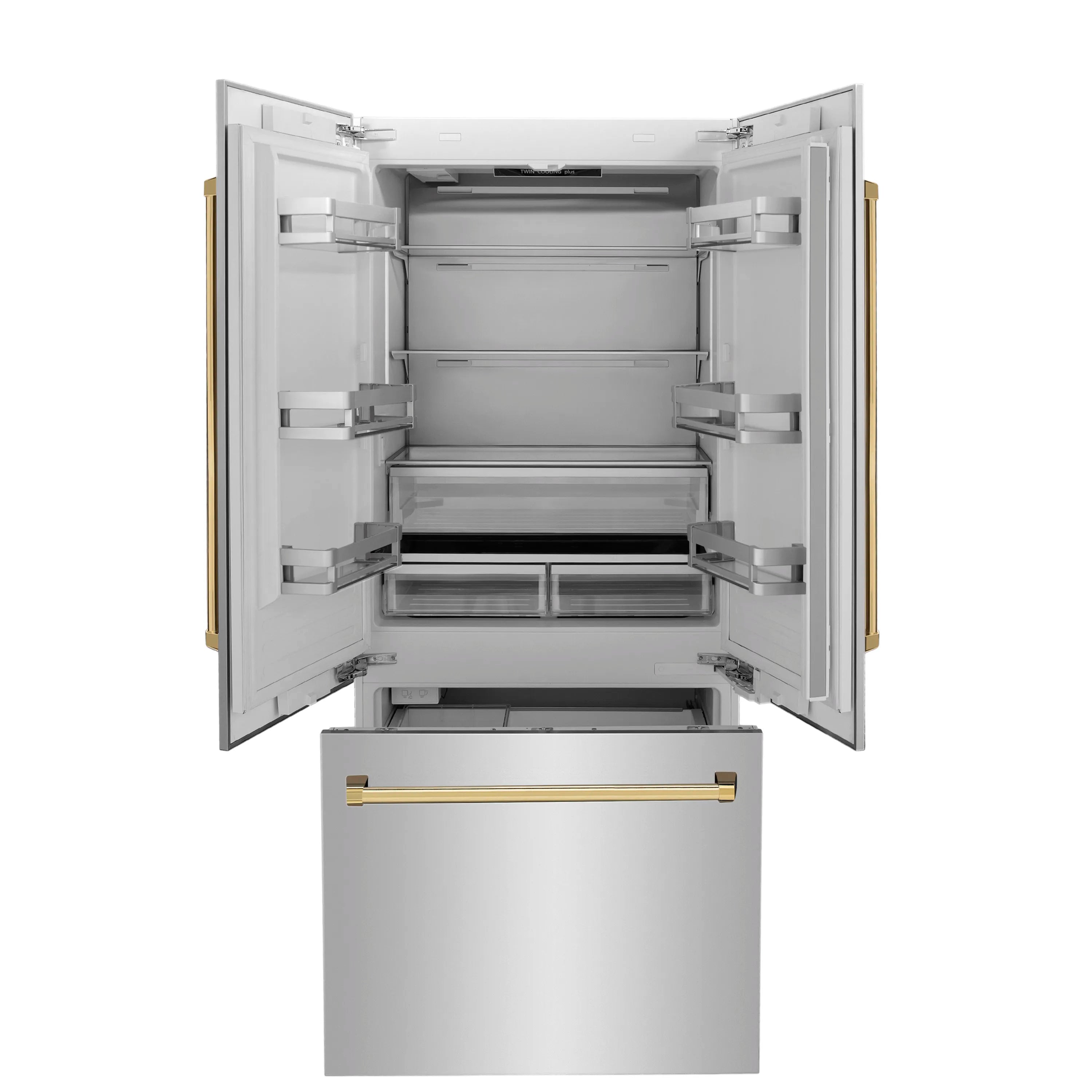 Bottom-freezer refrigerator door open showing interior shelves and freezer compartment