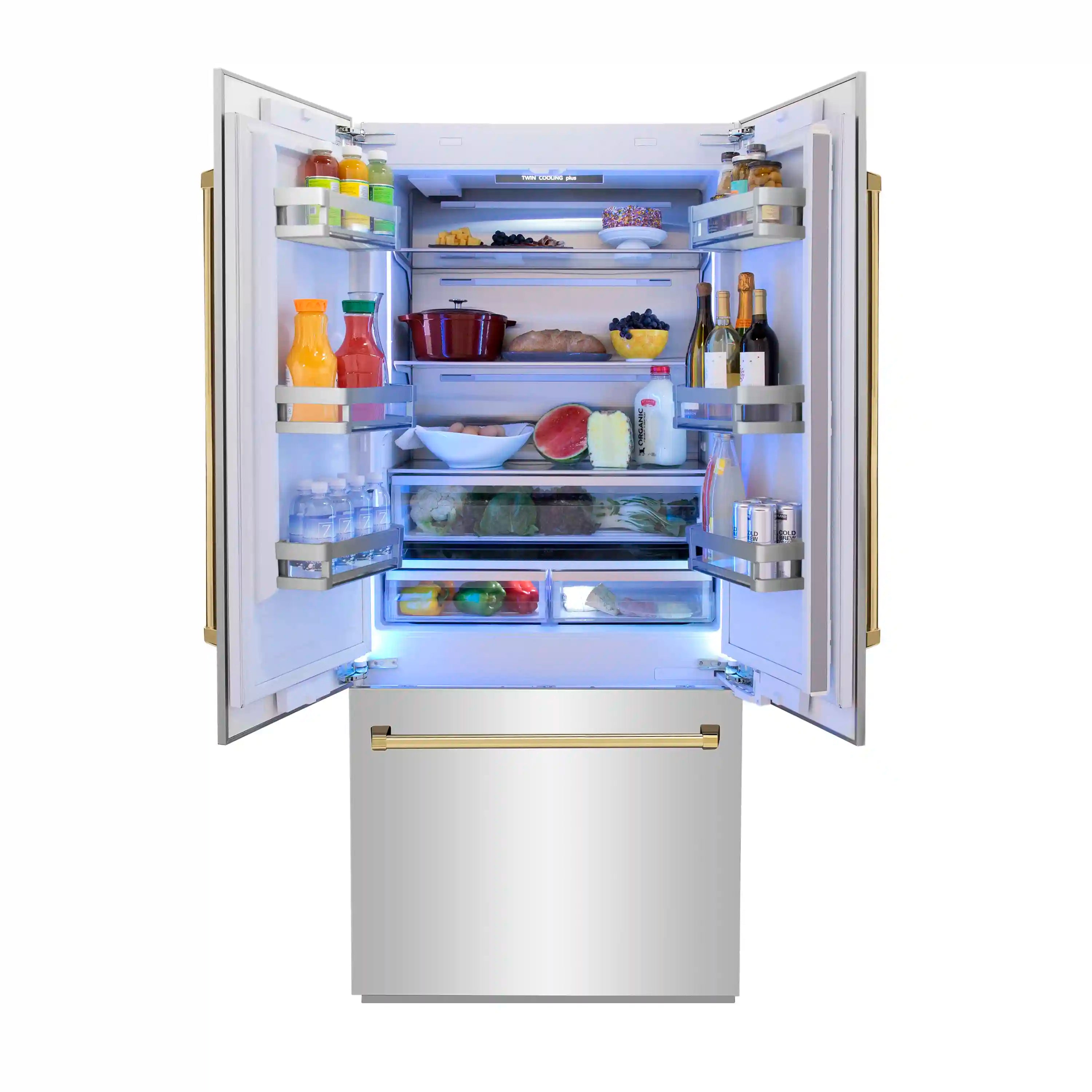 Bottom-freezer refrigerator interior with stocked shelves, door bins, and drawers