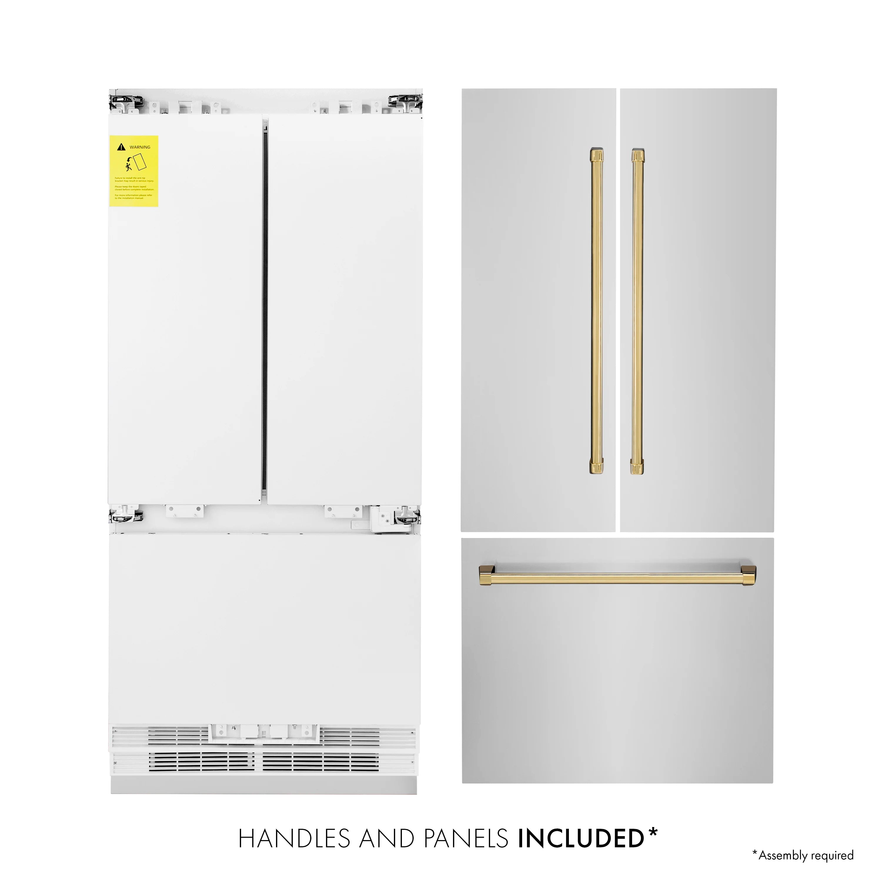 Included handles and panels for bottom-freezer refrigerator with gold bars