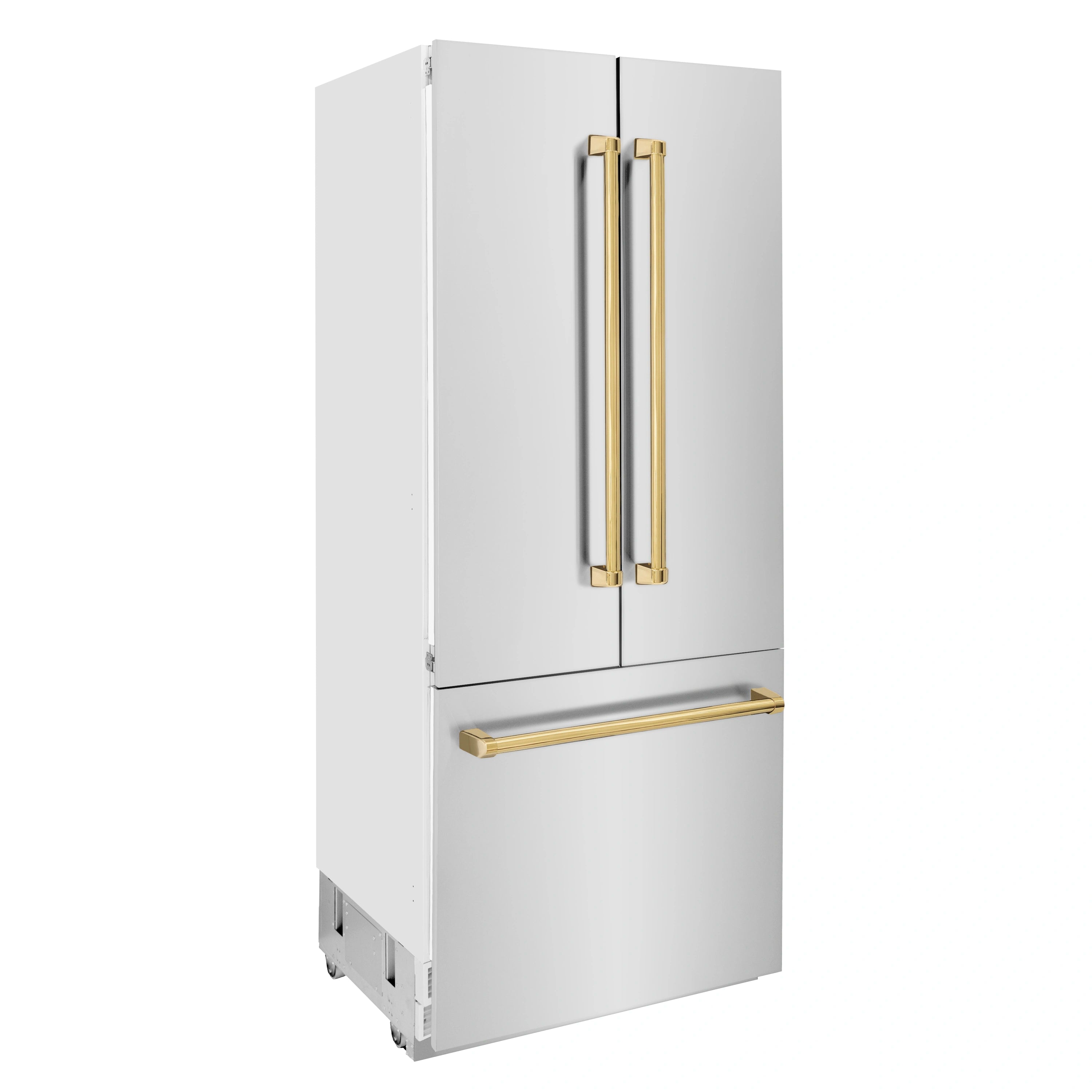 Bottom-freezer refrigerator front with gold accent handles and lower bar dispenser