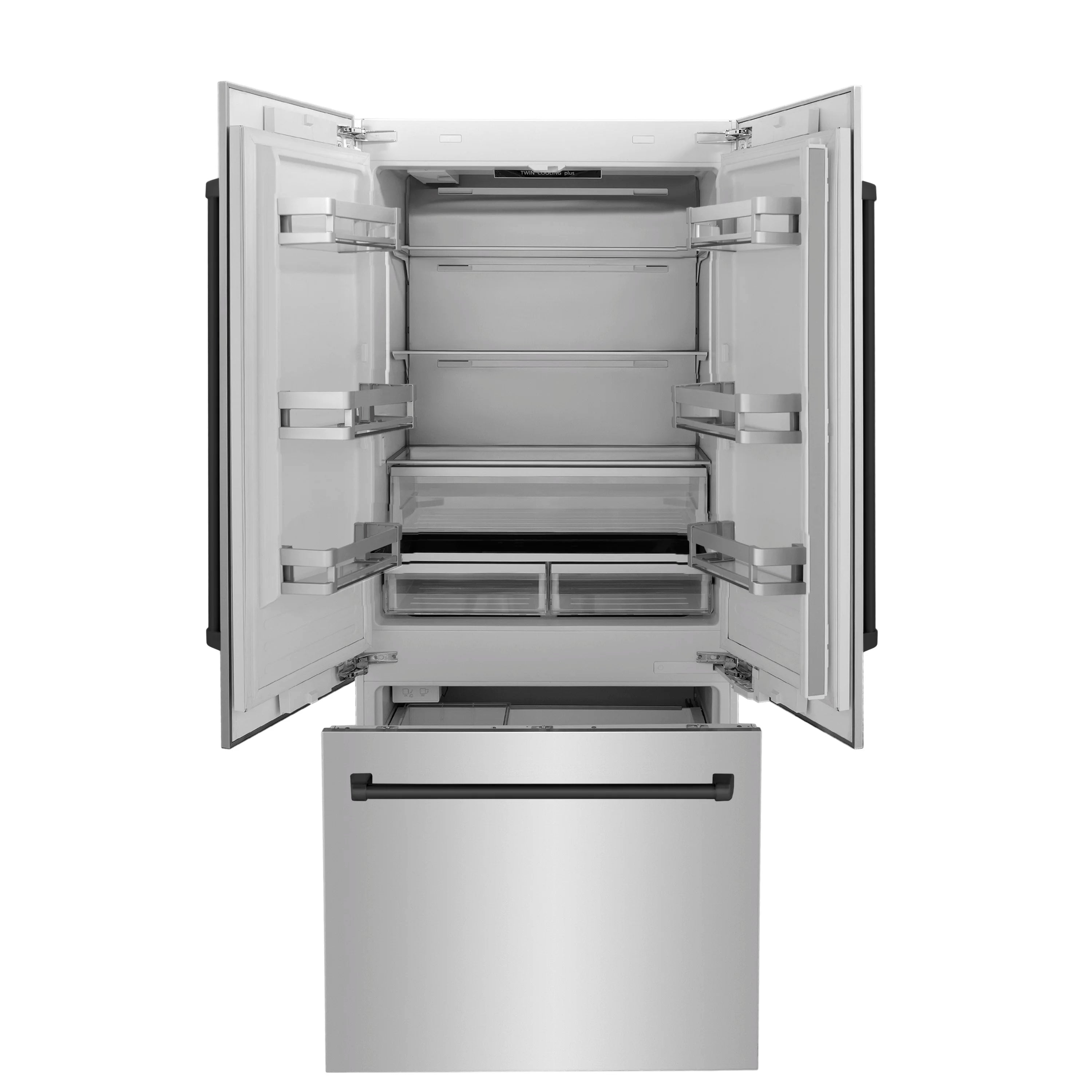 Bottom-freezer refrigerator with open doors showing interior shelves and freezer drawer