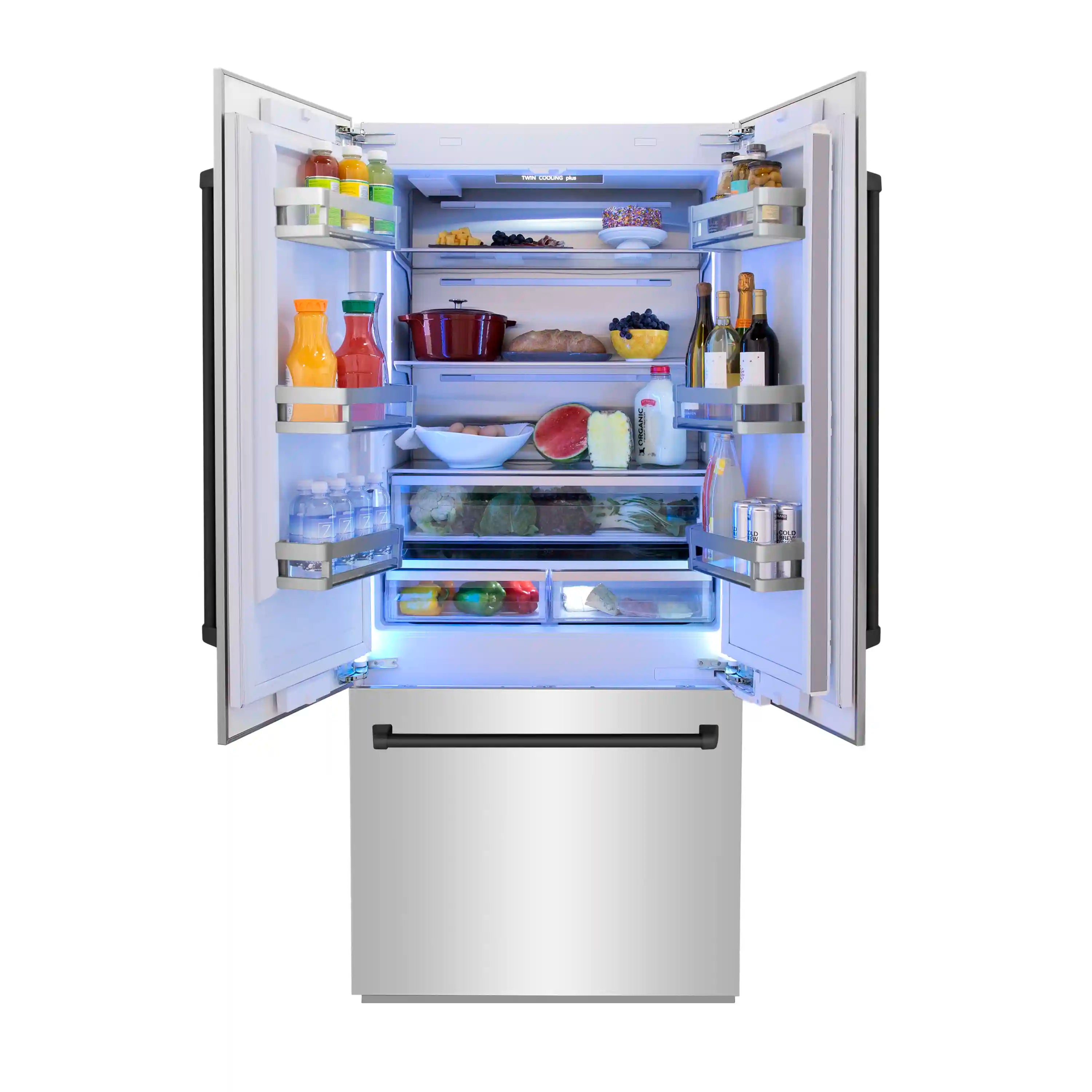 Refrigerator interior with open doors, illuminated shelves, and bottom freezer drawer