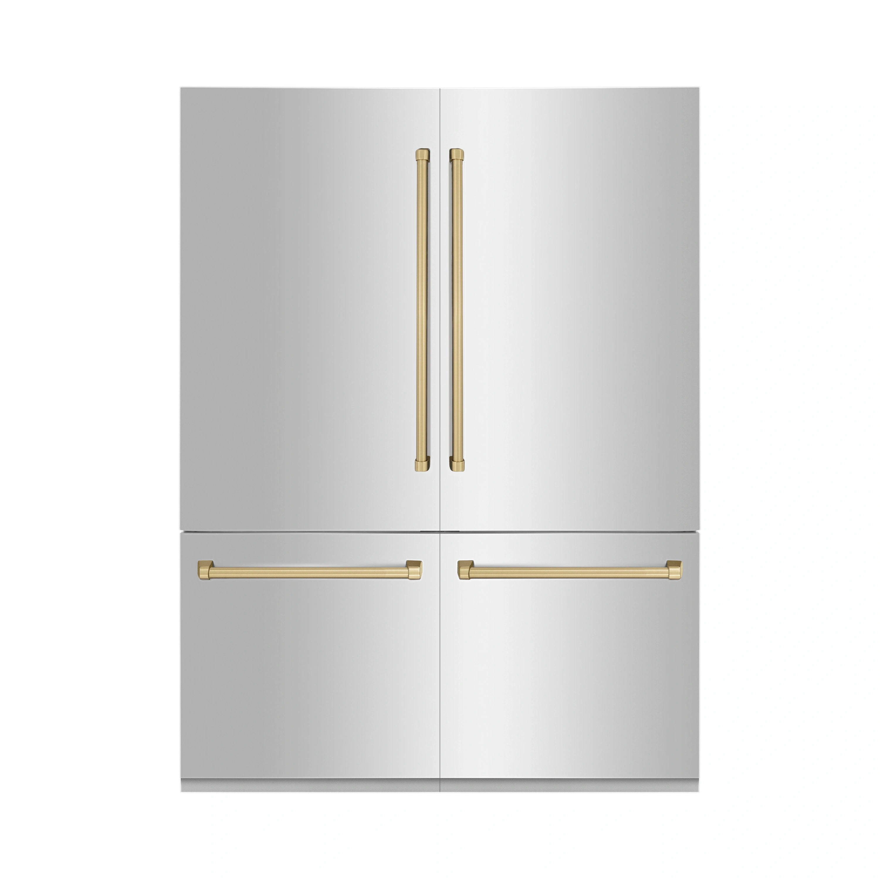 Stainless French door refrigerator with champagne bronze handles and two upper door panels