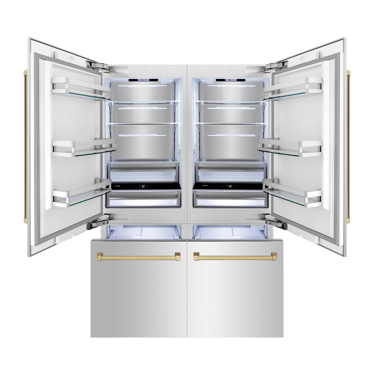 Built-in stainless steel refrigerator with open French doors and gold handles