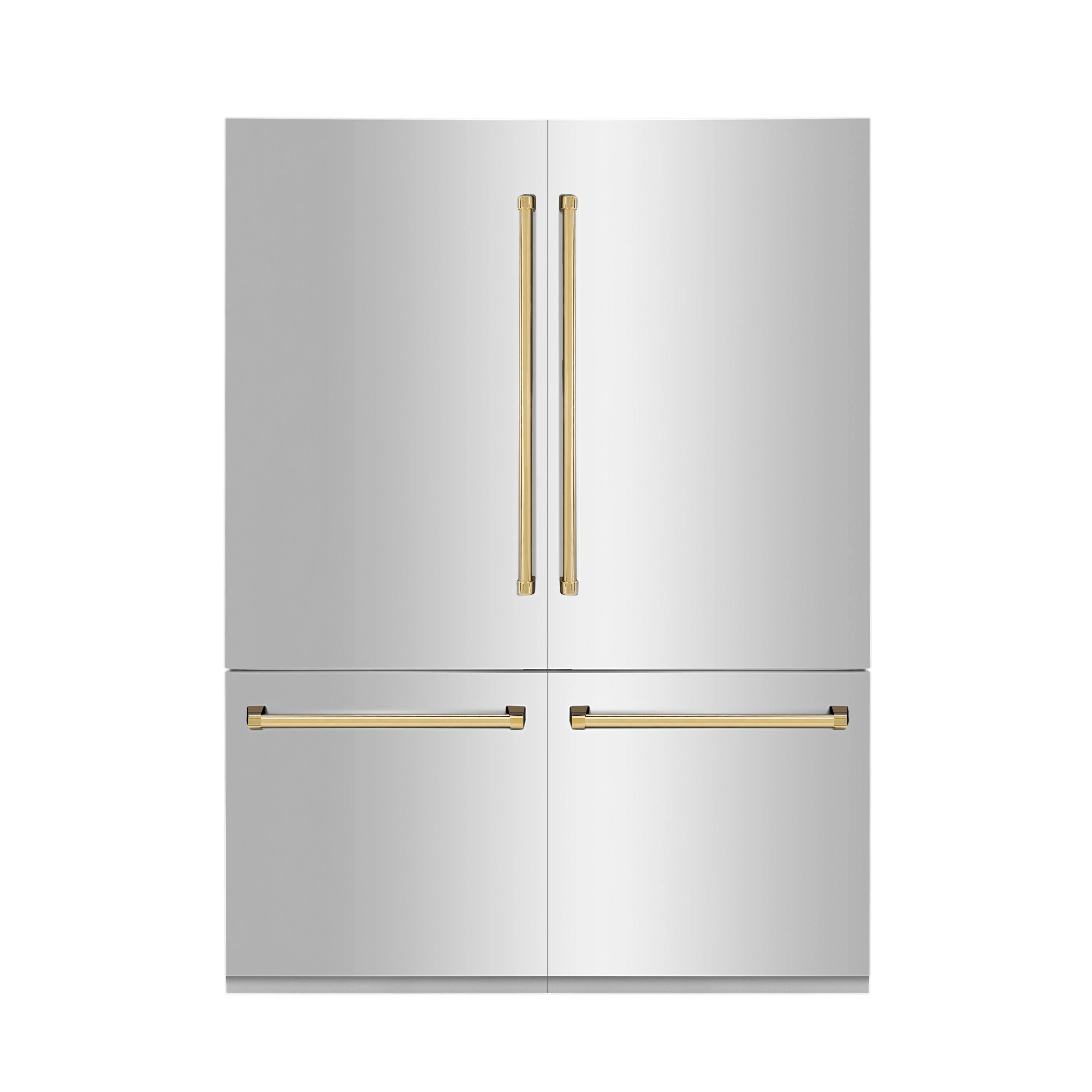Refrigerator front with gold handles, horizontal drawer bars, and dual doors