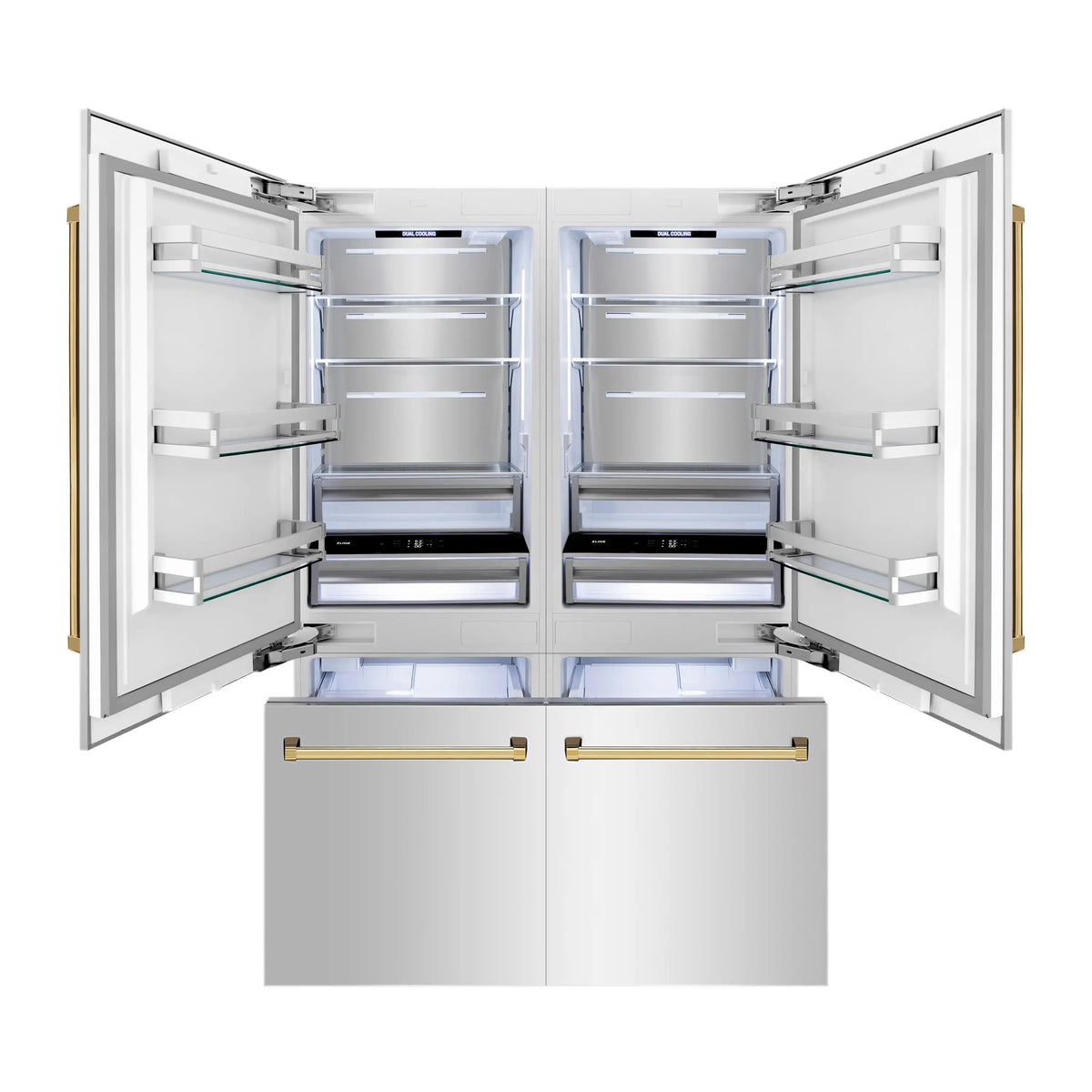 Refrigerator with both doors open, showing interior shelves and two lower drawers