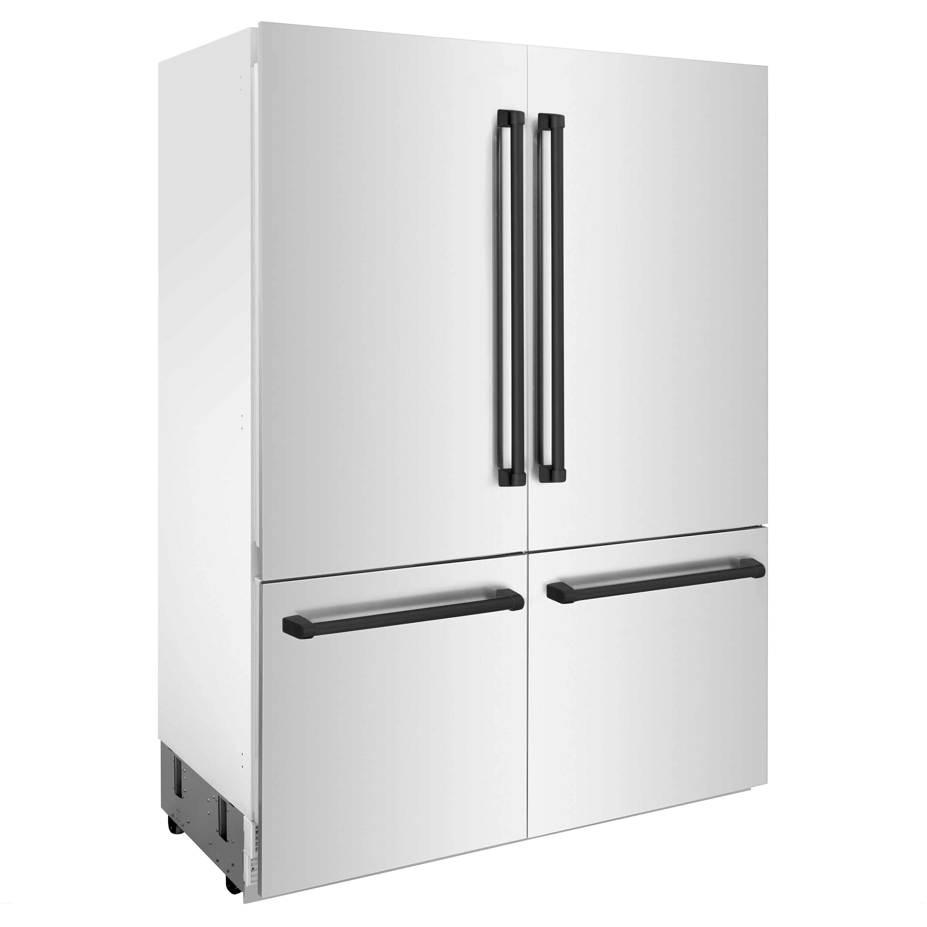Stainless steel 4-door French door refrigerator with matte black bar handles