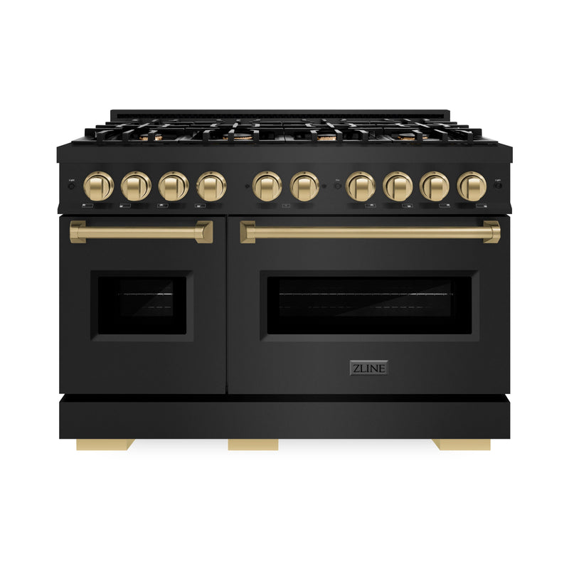 ZLINE 5-Piece Appliance Package - 48-Inch Dual Fuel Range, Hood, Refrigerator, Dishwasher, and Microwave Drawer in Black Stainless Steel with Champagne Bronze Accents