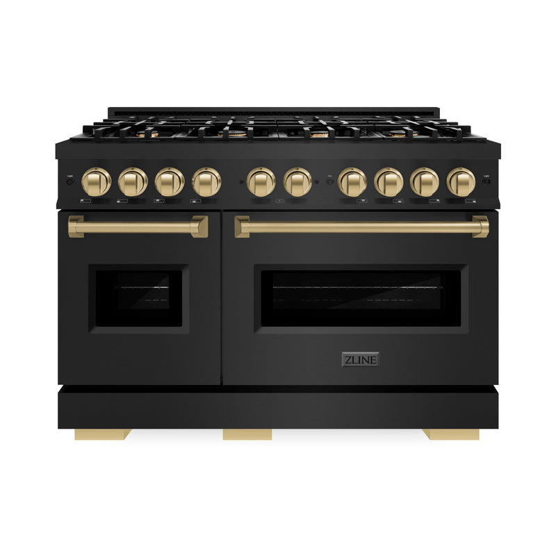 ZLINE Autograph Edition 48-Inch Classic Series Dual Fuel Range with 8 Gas Burner Cooktop and 6.7 Cu. Ft. Electric Convection Oven in Black Stainless and Champagne Bronze Accent (CDRBZ-48-CB)