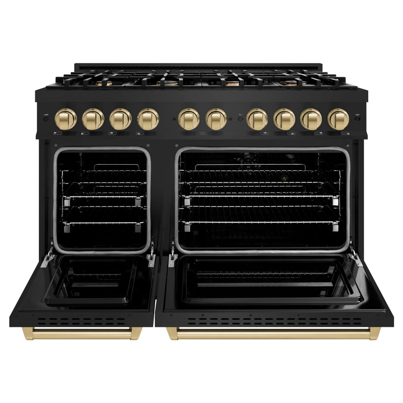 ZLINE 4-Piece Appliance Package - 48-Inch Dual Fuel Range, Hood, Refrigerator, and Dishwasher in Black Stainless Steel with Champagne Bronze Accents