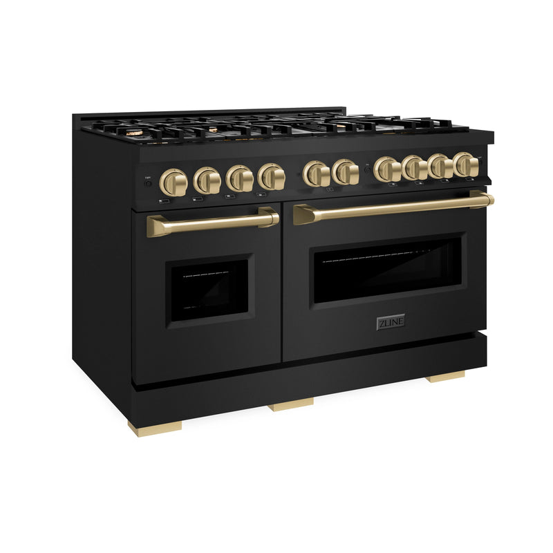 ZLINE 5-Piece Appliance Package - 48-Inch Dual Fuel Range, Hood, Refrigerator with Water Dispenser, Dishwasher, and Microwave Drawer in Black Stainless Steel with Champagne Bronze Accents