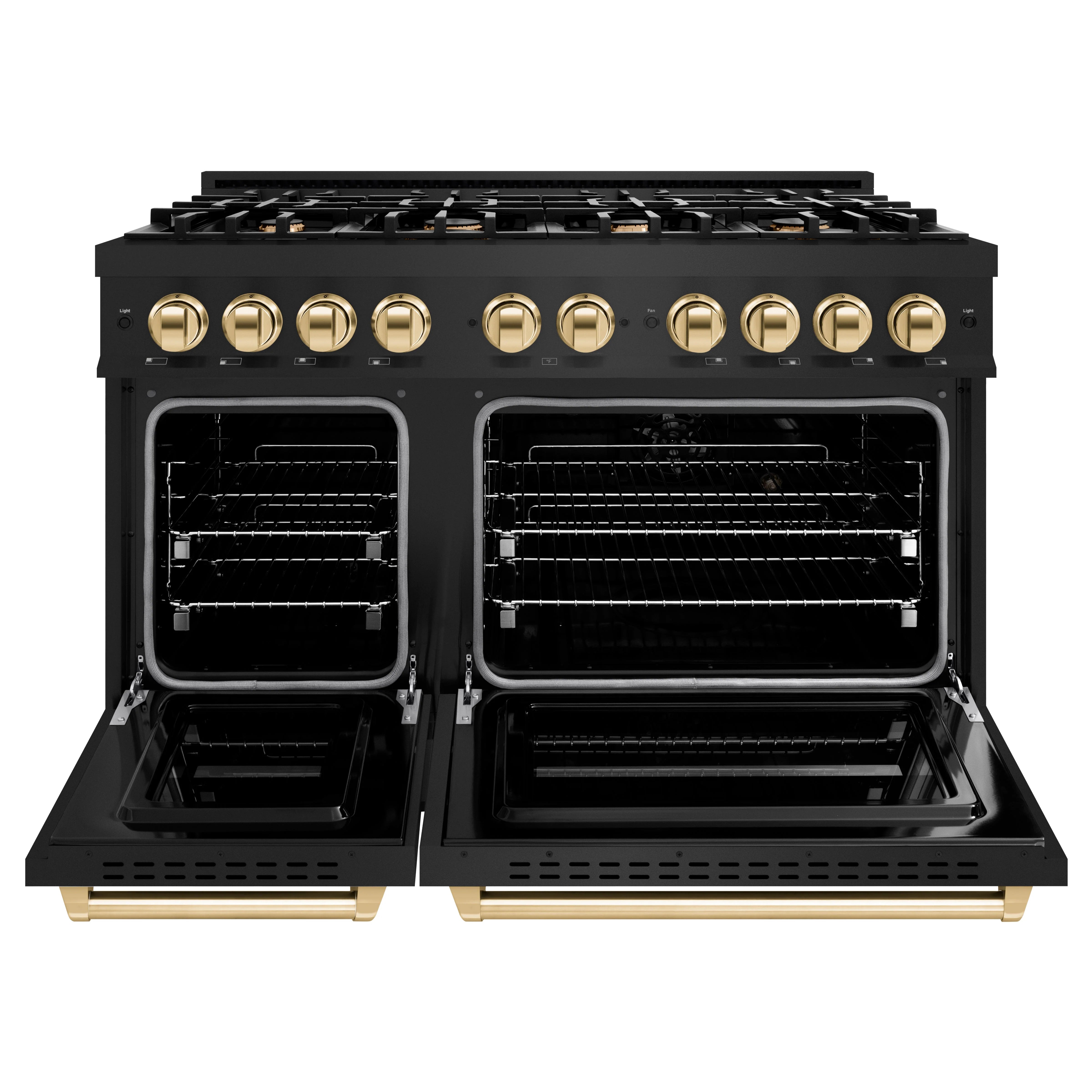 Dual fuel range with both oven doors open, black interior racks and gold trim