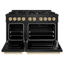 ZLINE 5-Piece Appliance Package - 48-Inch Dual Fuel Range, Hood, Refrigerator with Water Dispenser, Dishwasher, and Microwave Drawer in Black Stainless Steel with Gold Accents